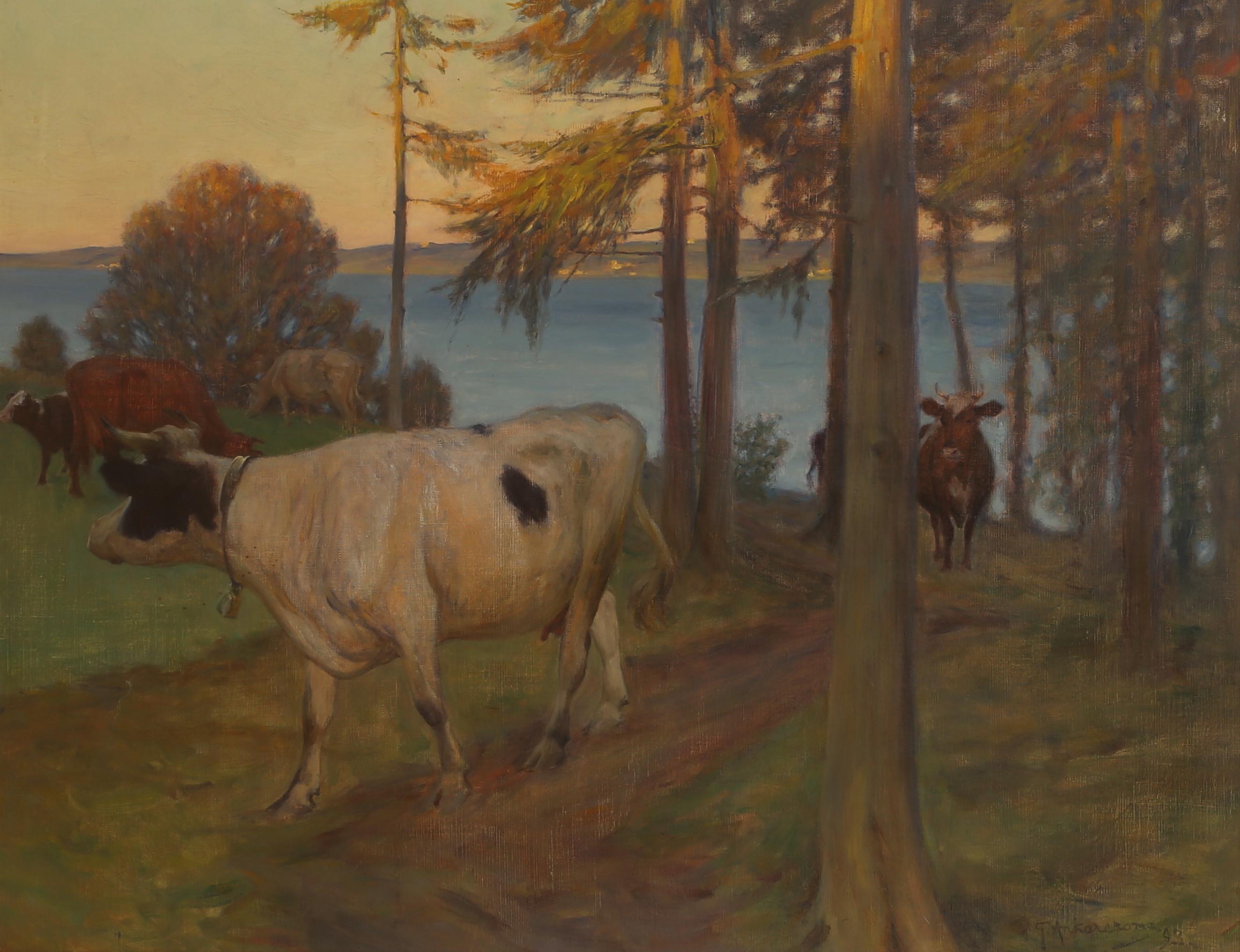 GUSTAF ANKARCRONA. Olja på duk, landskap med kor, signerad 1893.