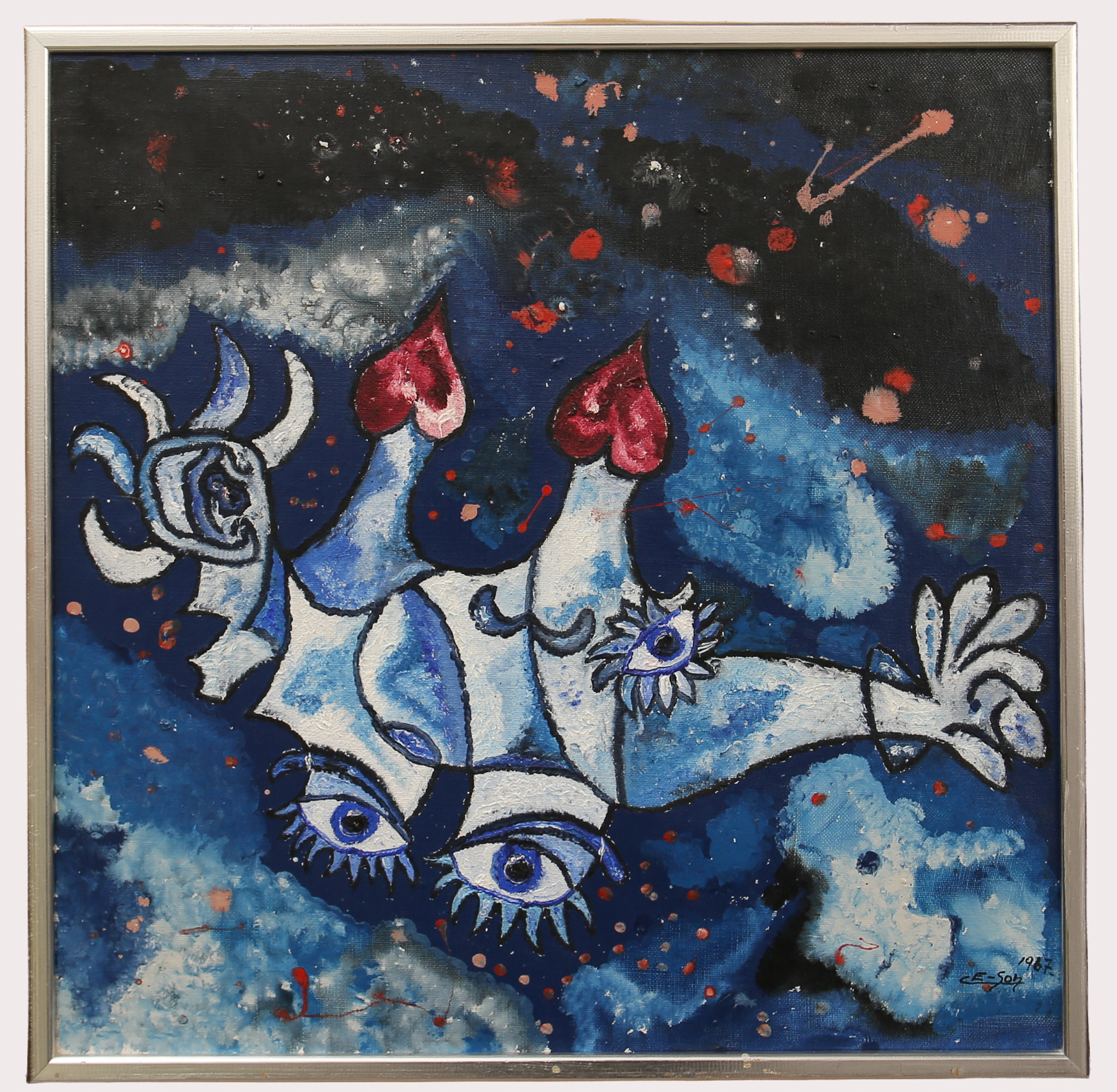 Olja på duk, surrealistisk komposition, signerad C E... SON, daterad 1968.