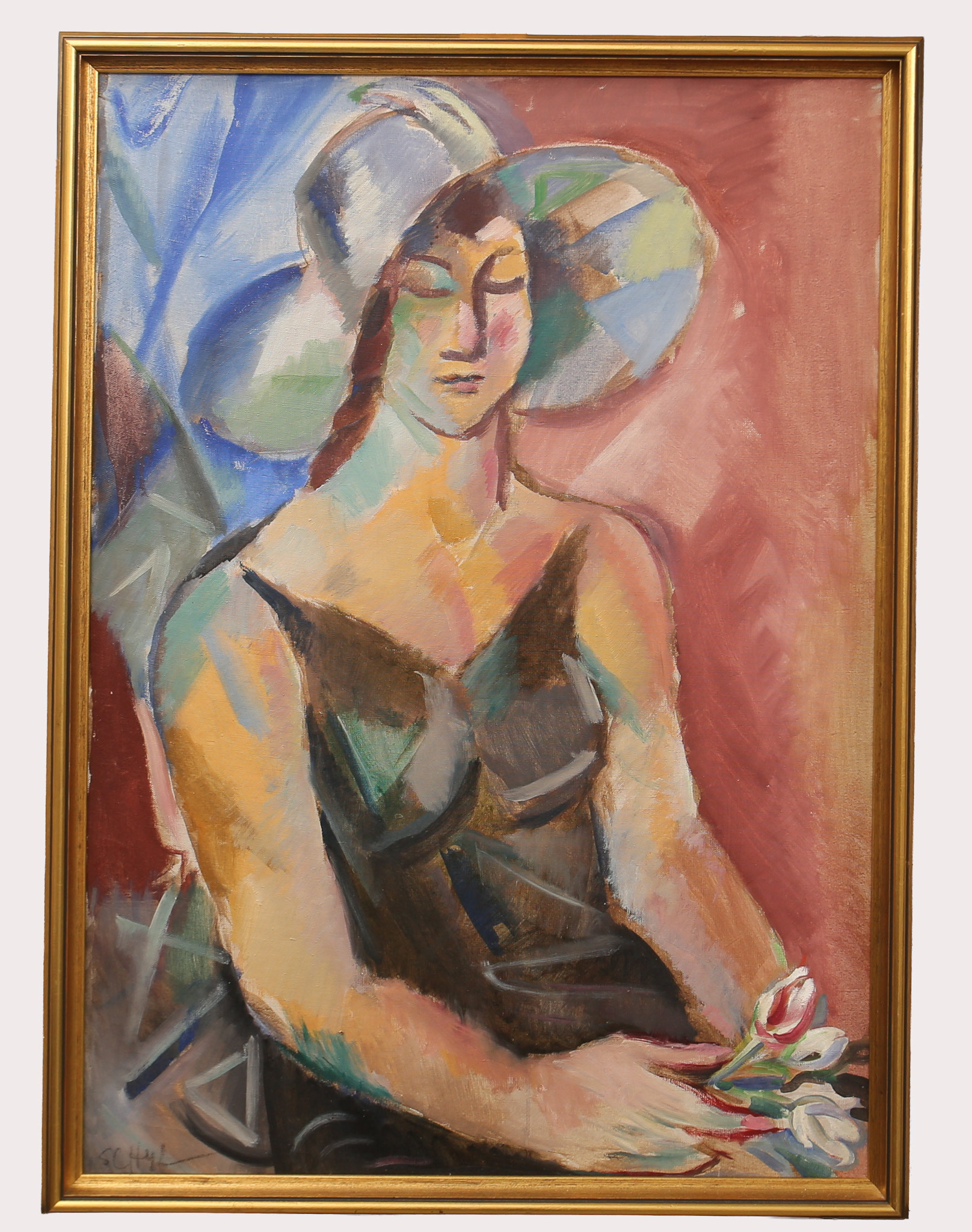 JULES SCHYL. Olja på duk, kvinna med solhatt och blommor, signerad Schyl.