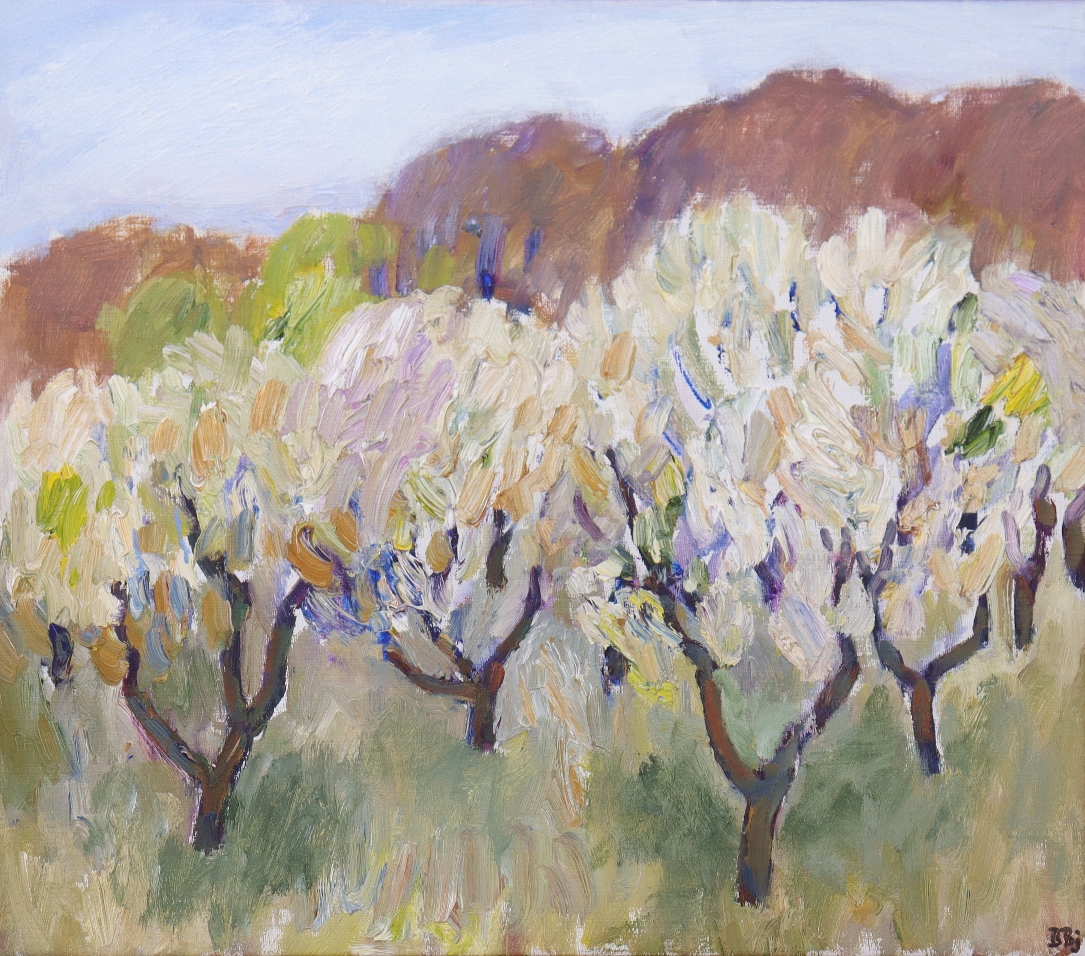 BENTE  BJERREGAARD. olja på duk, "Blommande frukträd".