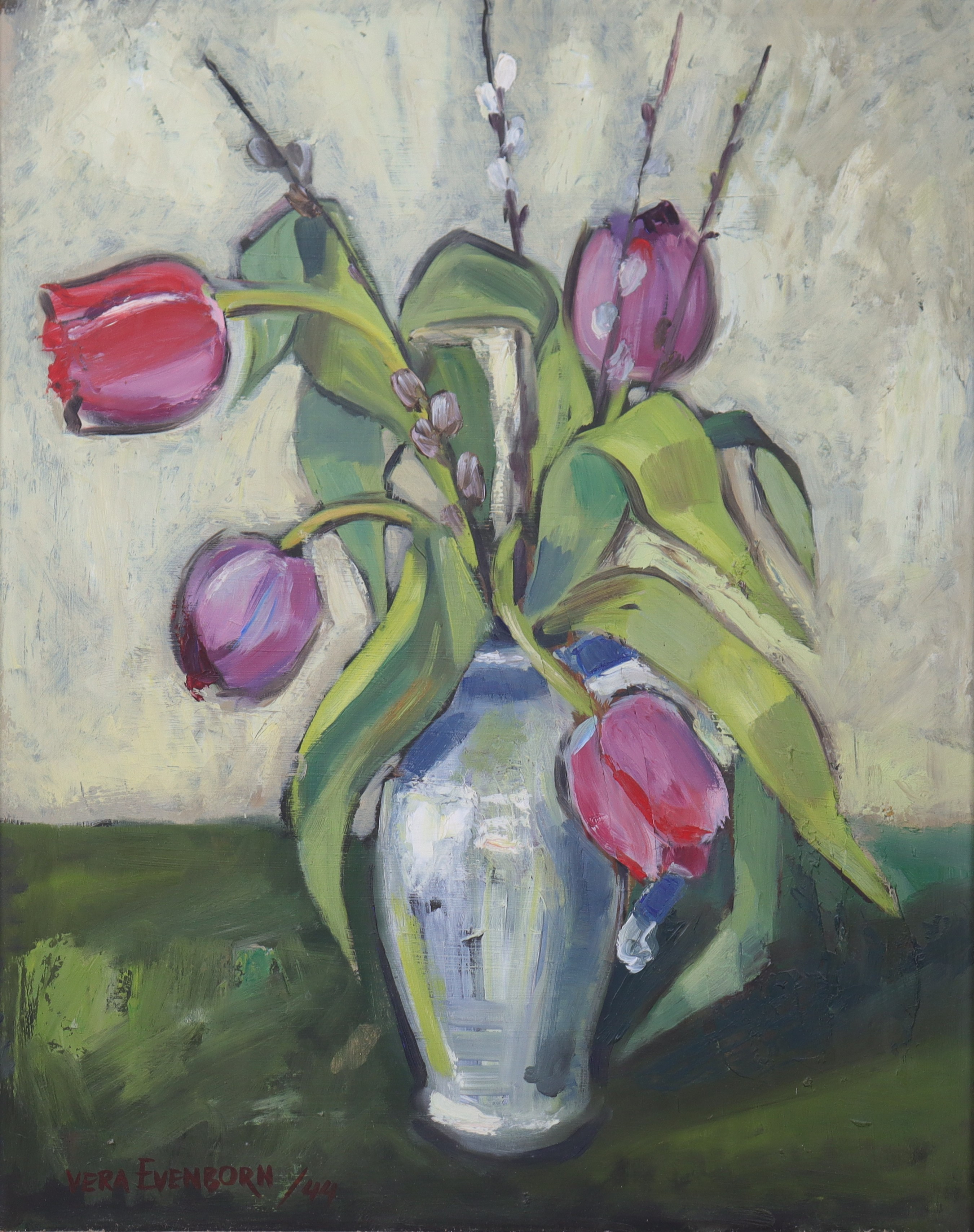 VERA EVENBORN. olja på pannå, blomsterstilleben.
