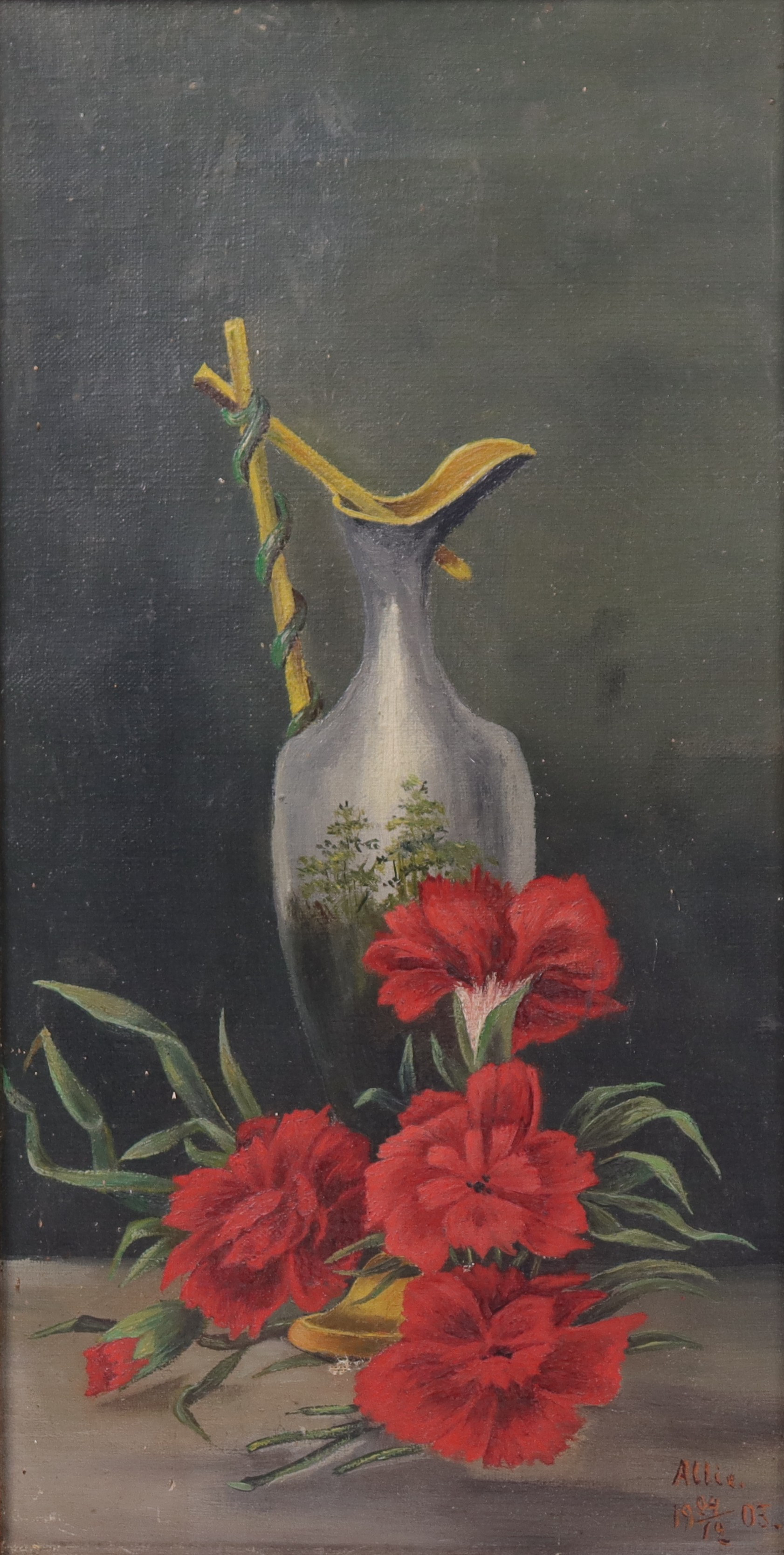 olja på duk, blomsterstilleben.