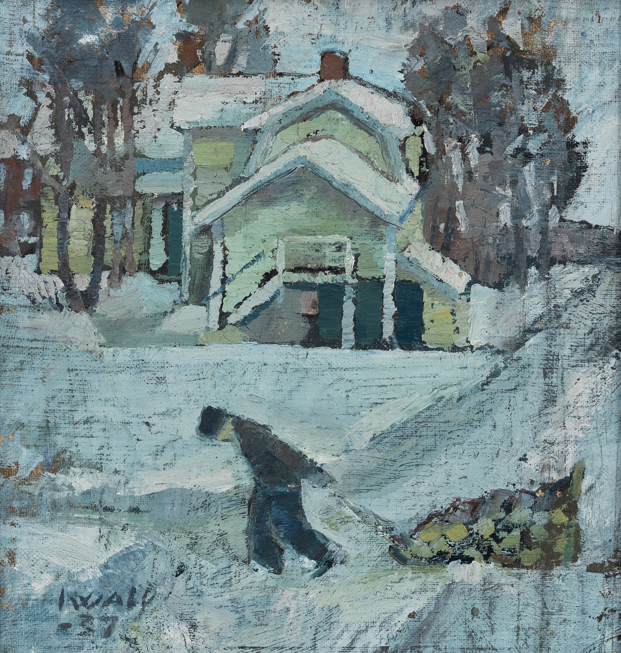 OLOF EINAR IWALD (1911-94). Man med kälke, olja på pannå, signerad och daterad, Iwald, -37.