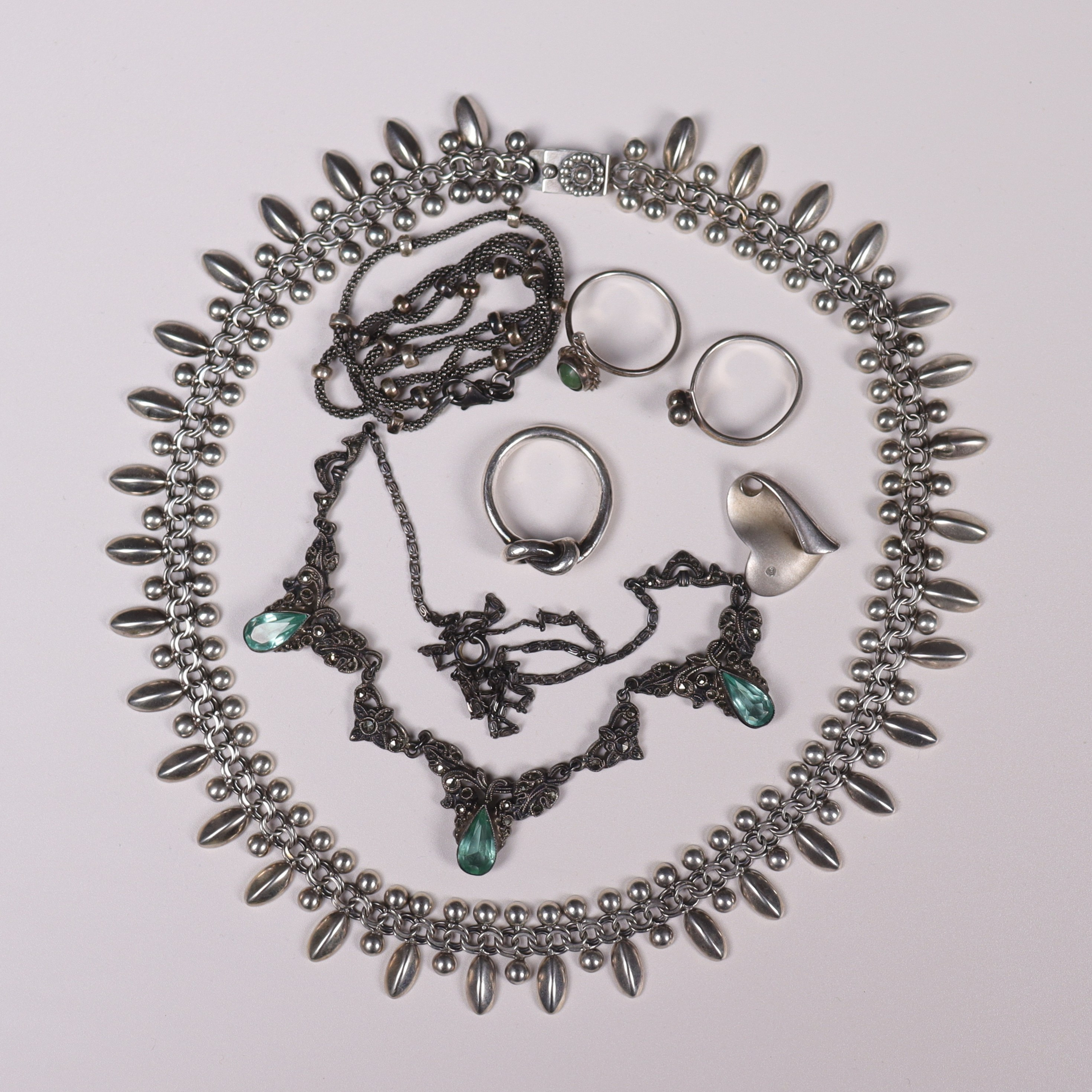 SMYCKEN, silver, halsband, ringar mm, 7 delar.