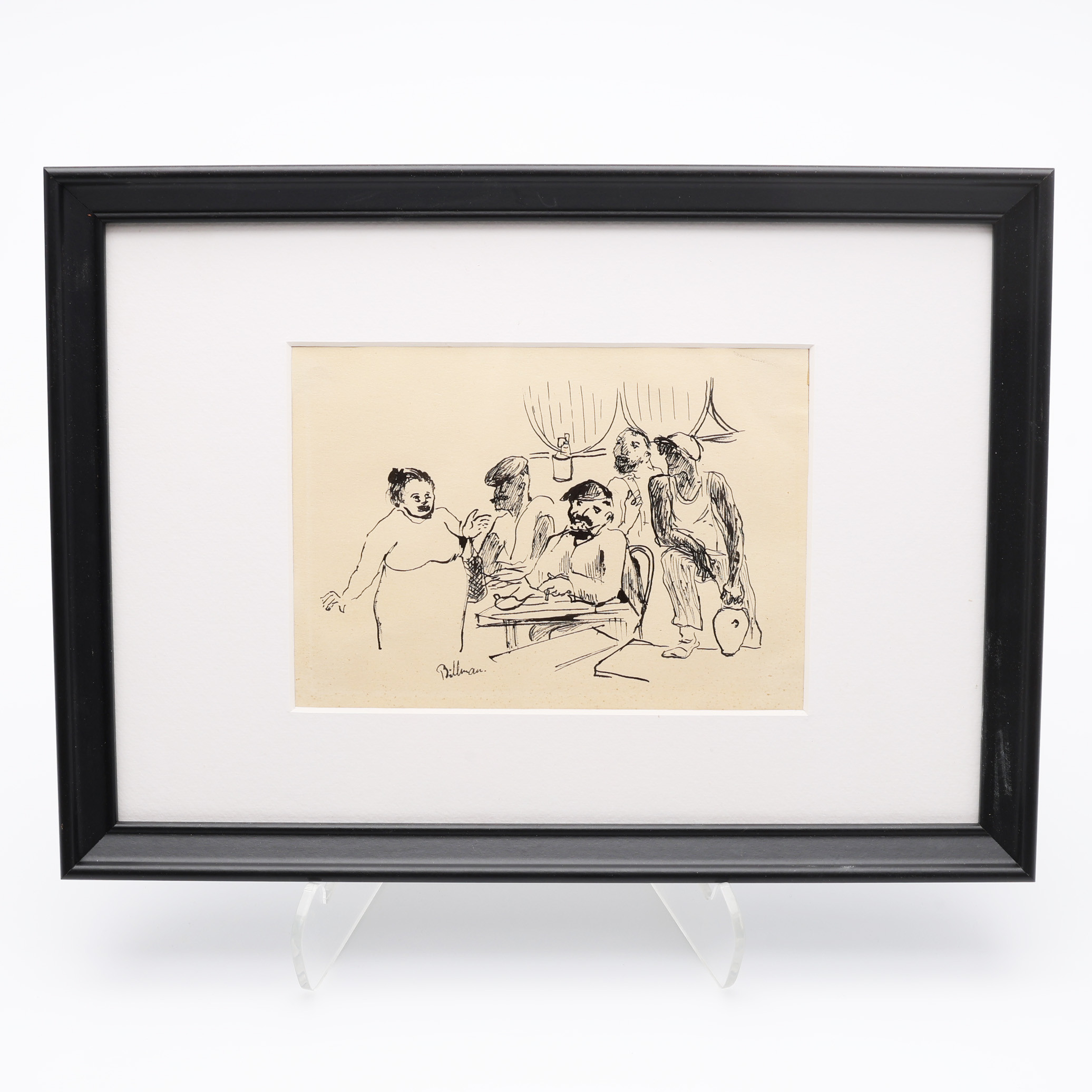TORSTEN BILLMAN, SVENSK KONSTNÄR, (I1909-1989.) EN IN RAMAD TUSCHTECKNING - EN KROGSCEN - OCH EN LITEN PAMFLETT OM TORSTEN BILLMAN AV GUNNAR JUNGMARKER.