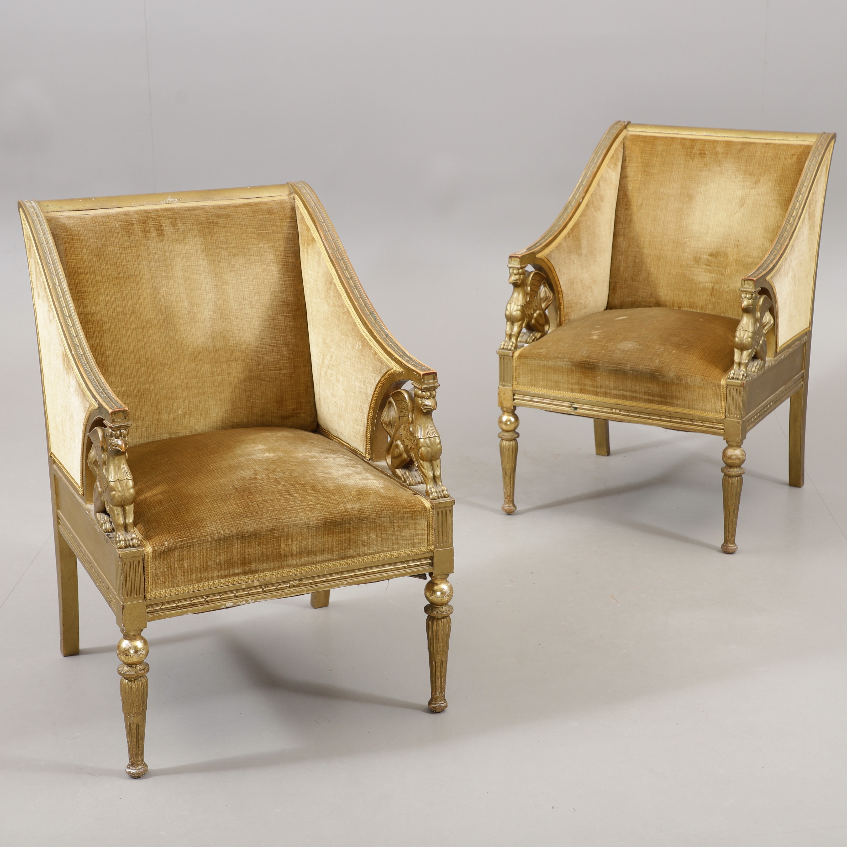 FÅTÖLJER, ett par, empirstil, E. Pettersson Möbleringsaffär, Gefle, 1800/1900-tal.