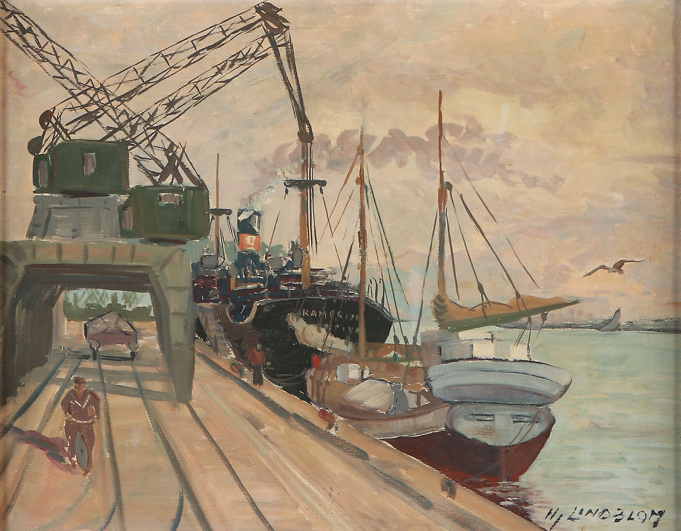 HJALMAR LINDBLOM. Oljemålning på duk. "L:a, Hamnen". Signerad.