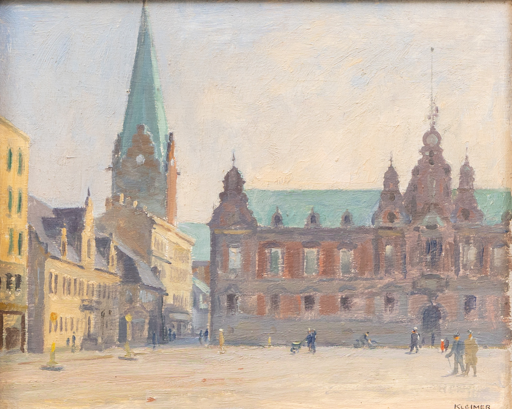 AXEL KLEIMER. Stortorget, Malmö. olja på pannå, signerad.