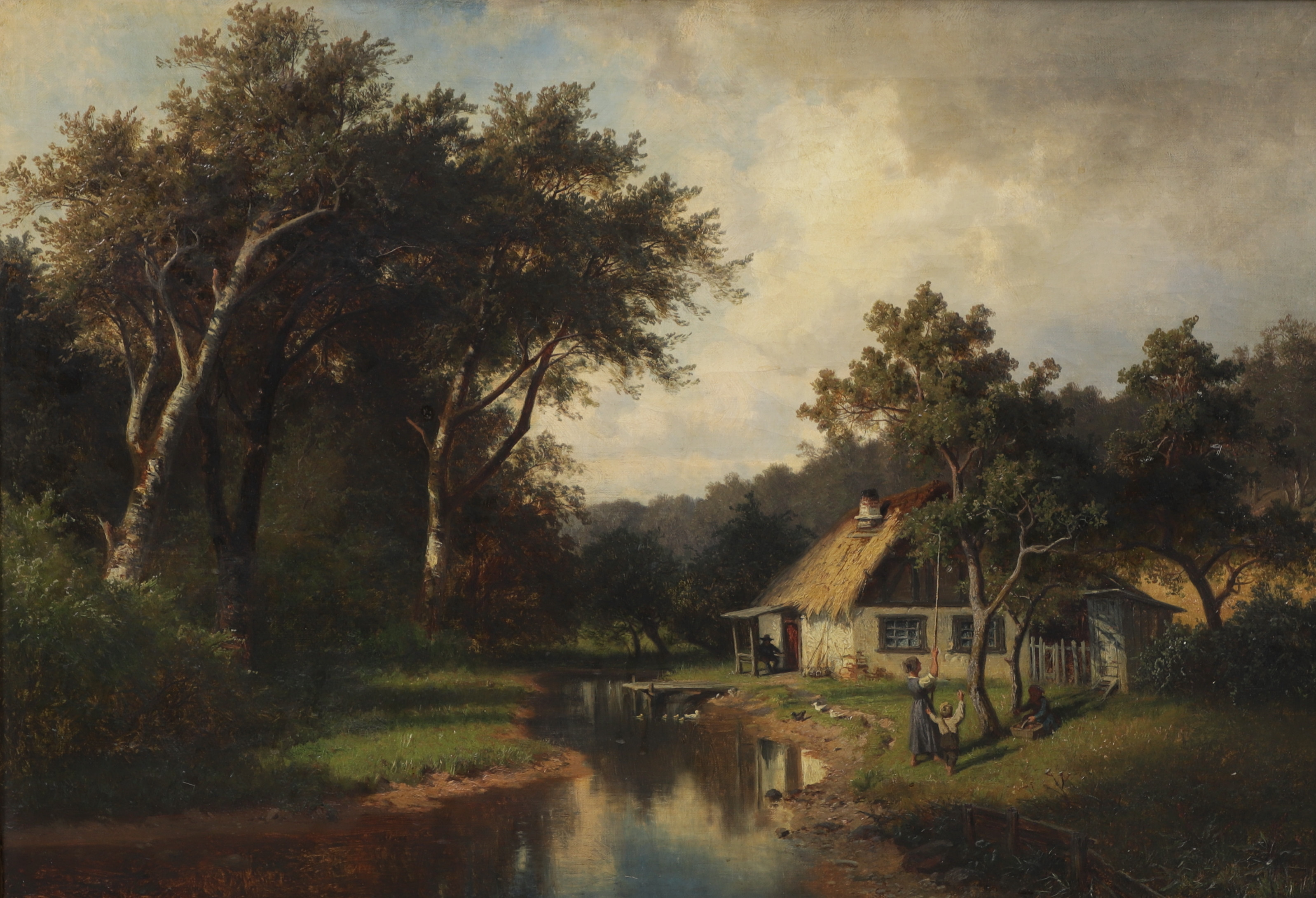 EDVARD BERGH. Stuga i landskap med figurer. Olja på duk, signerad och daterad 1865.
