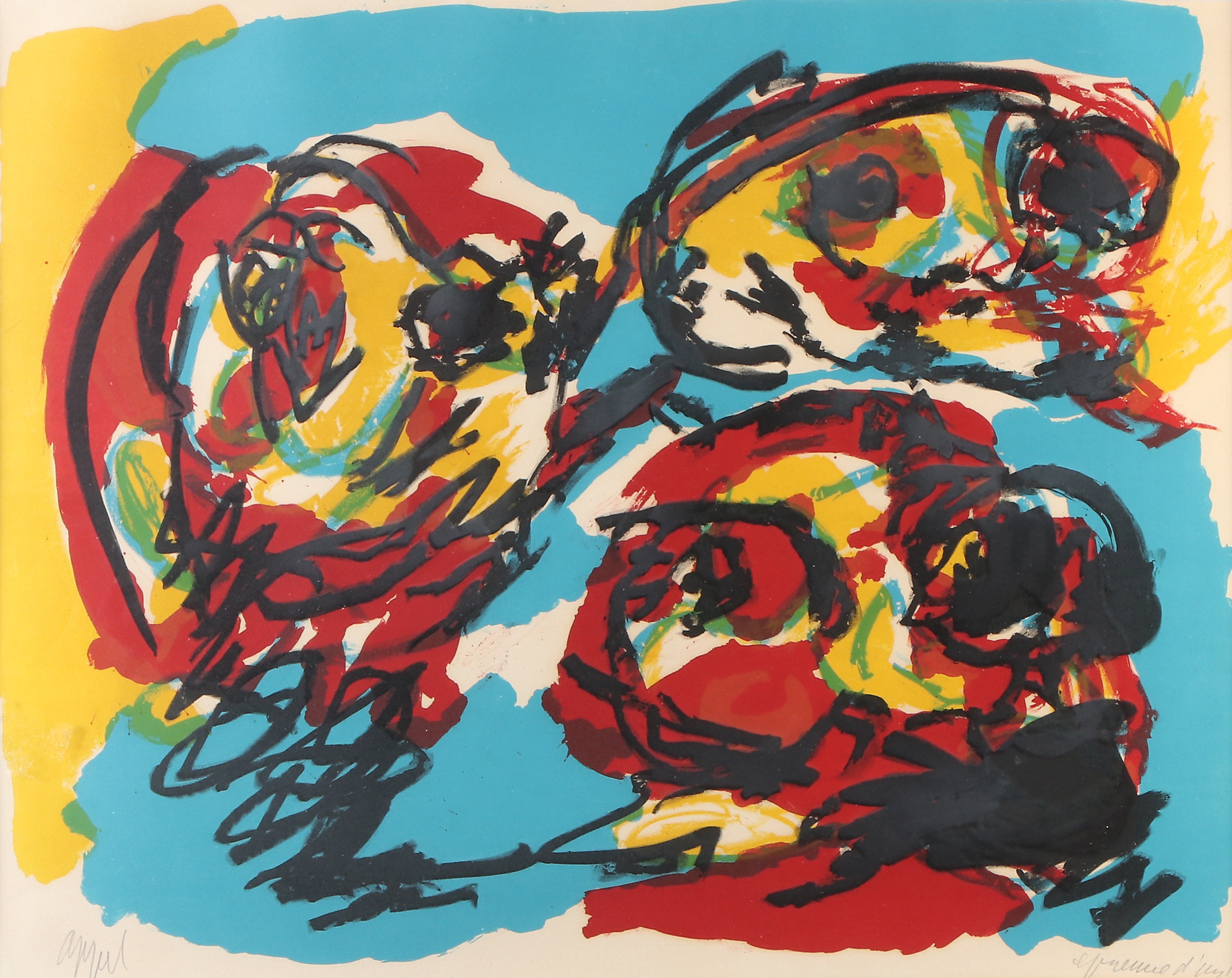 KAREL APPEL. Litografi, epreuve d'artiste. "Trois tete". Signerad.