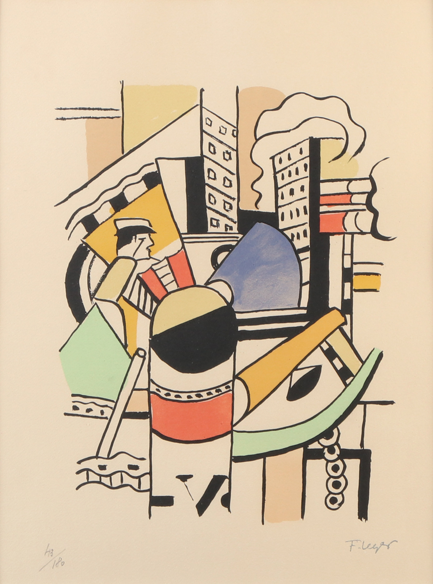 FERNAND  LÉGER. EFTER. Litografi, 43/180. Figur mot stadsfond. Tryckt signatur.
