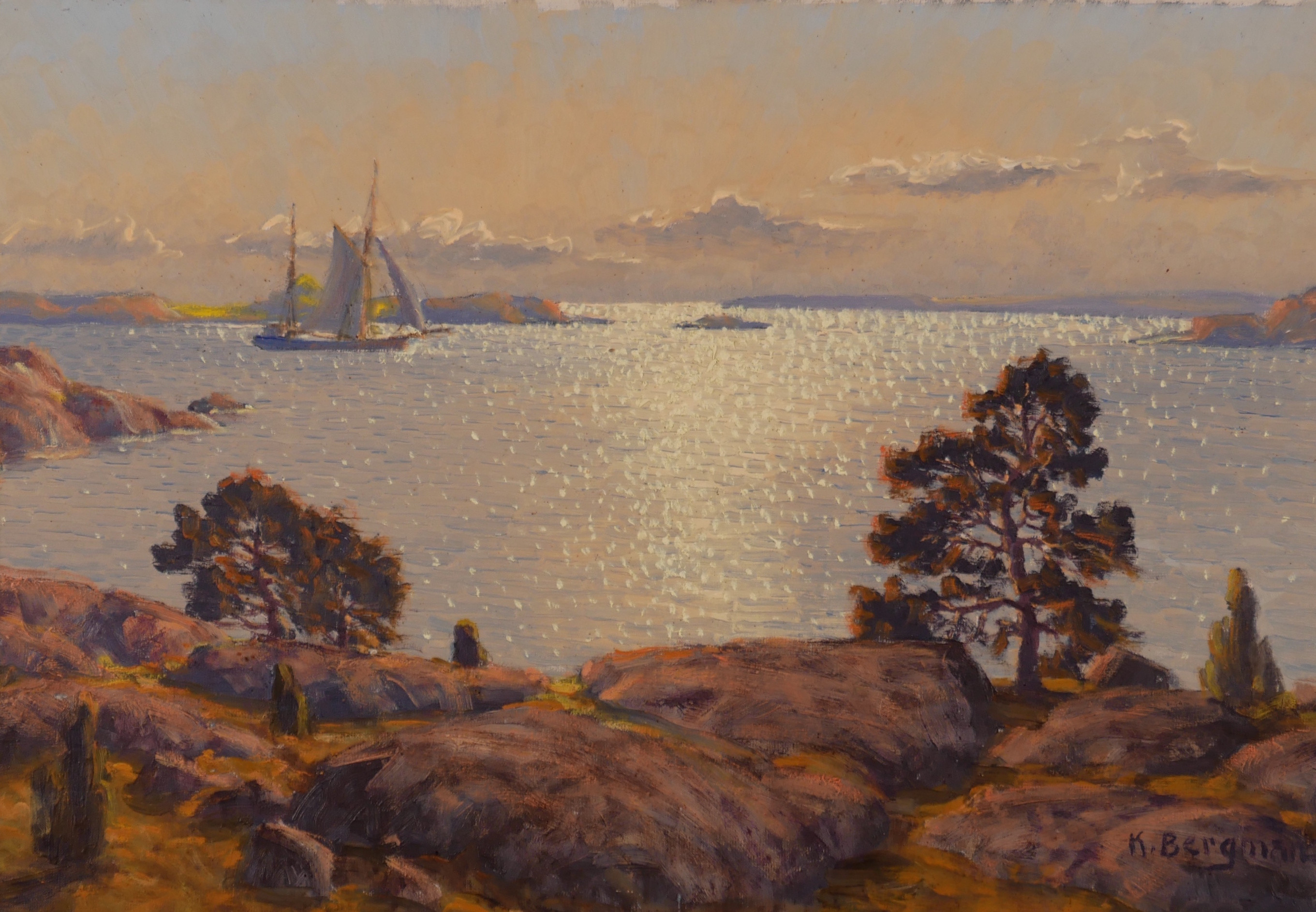 KARL BERGMAN. Skärgårdslandskap med solglitter, olja påm duk, signerad K. Bergman.
