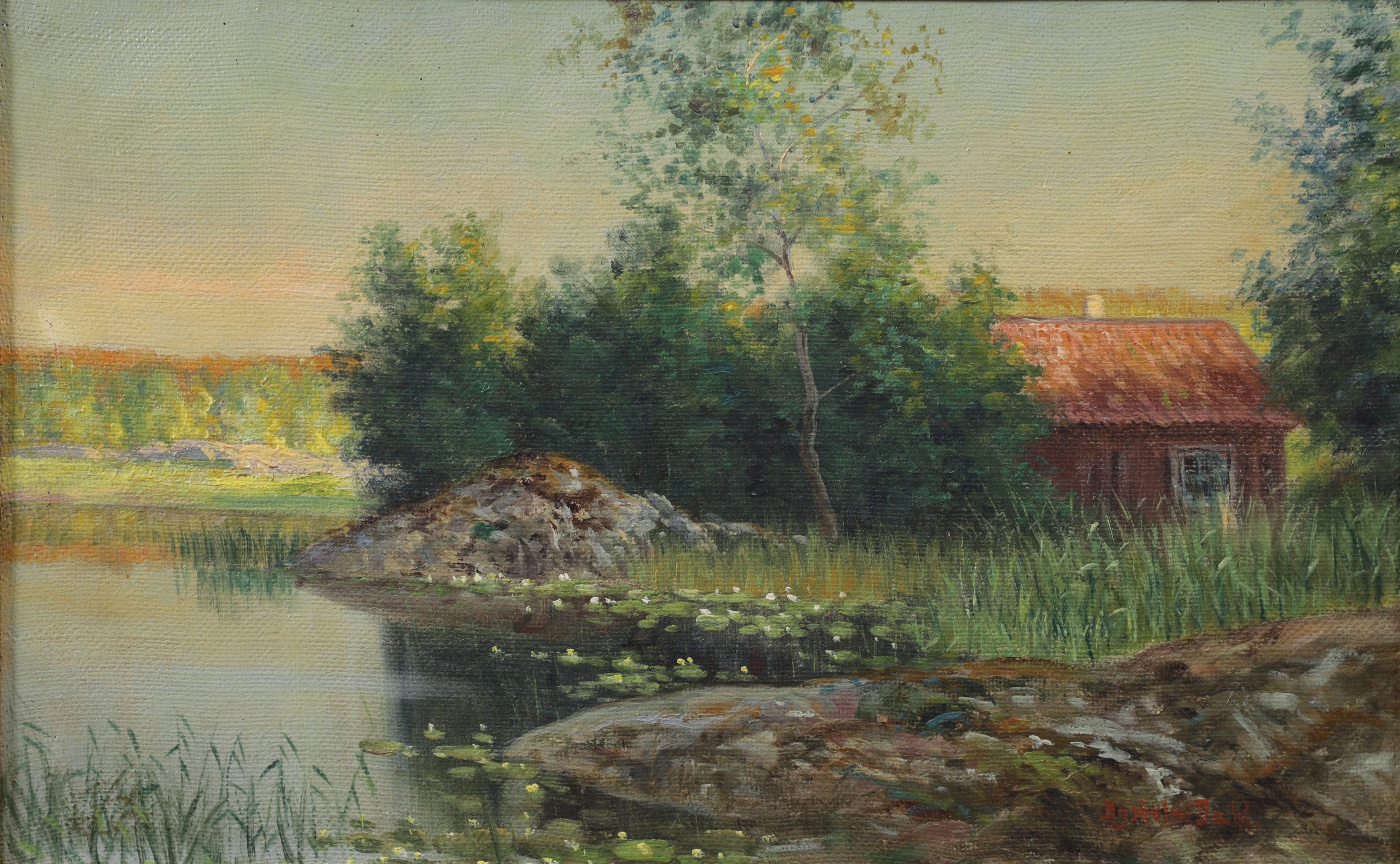 ANSHELM DAHL. "Sommarafton, Sörmland". Olja på duk, signerad.