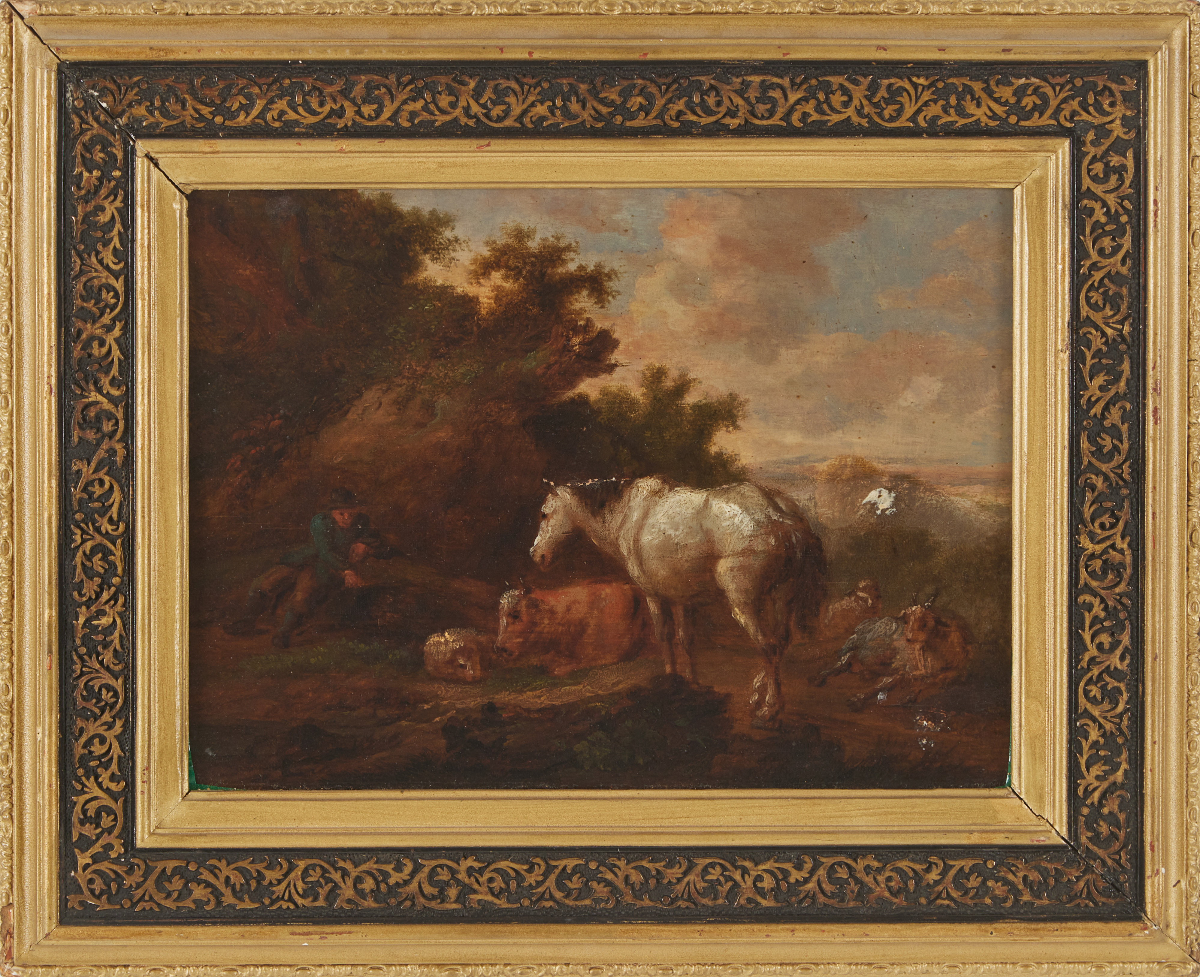 OIDENTIFIERAD KONSTNÄR (ENGLAND 1800-TAL). Herde med häst och kreatur, olja på pannå.
