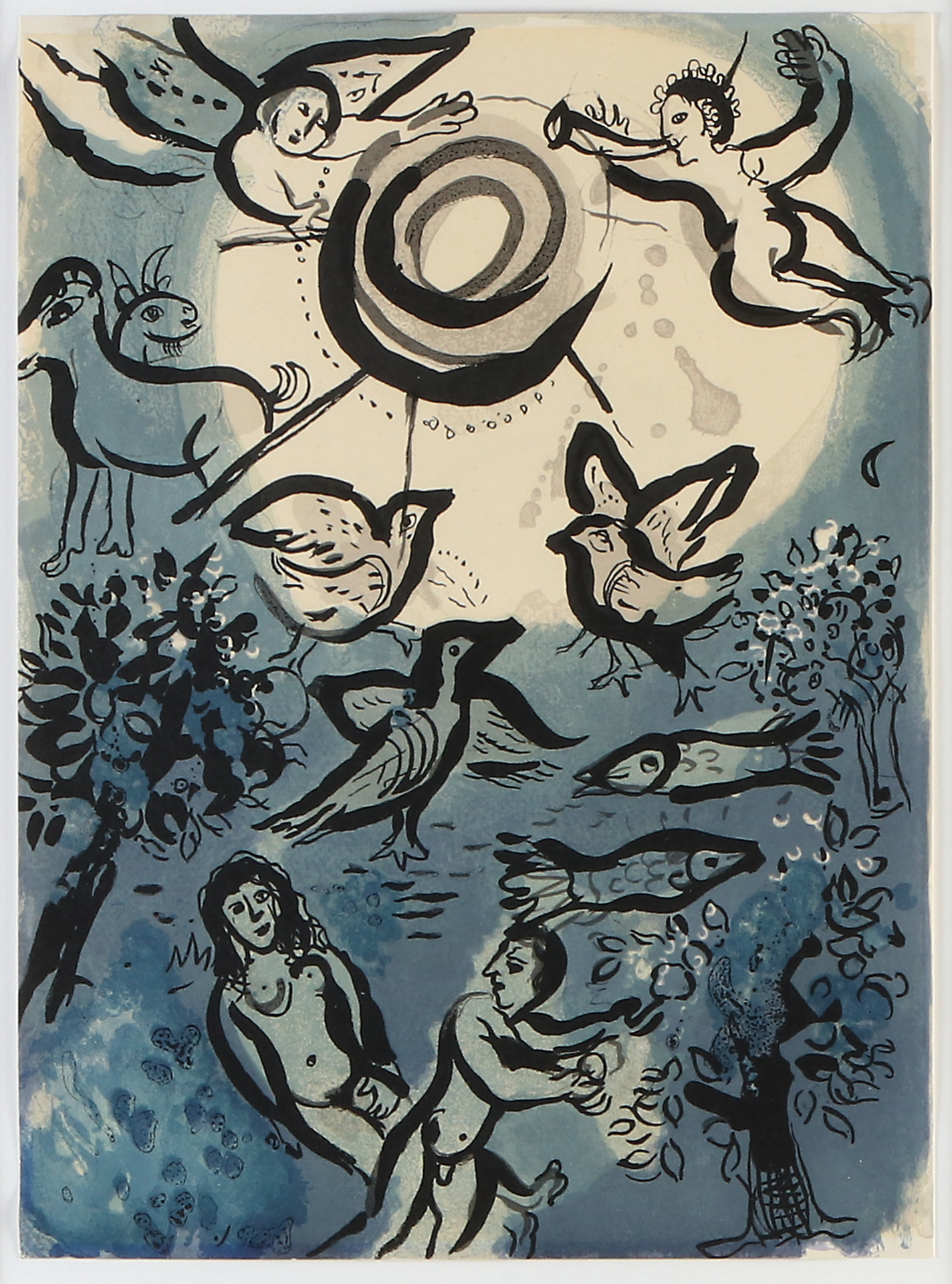 MARC CHAGALL. EFTER. Litografi, ut bok. Komposition med figurer, djur och änglar.