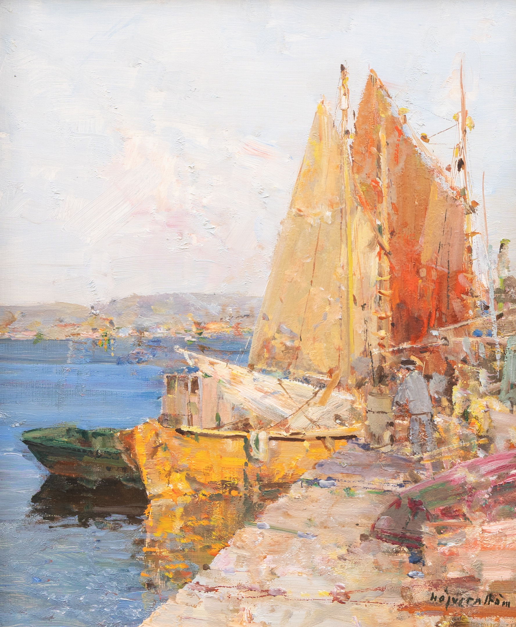 HUGO ÖFVERSTRÖM (1900–1973). Fiskebåtar med segel, olja på pannå, signerad.