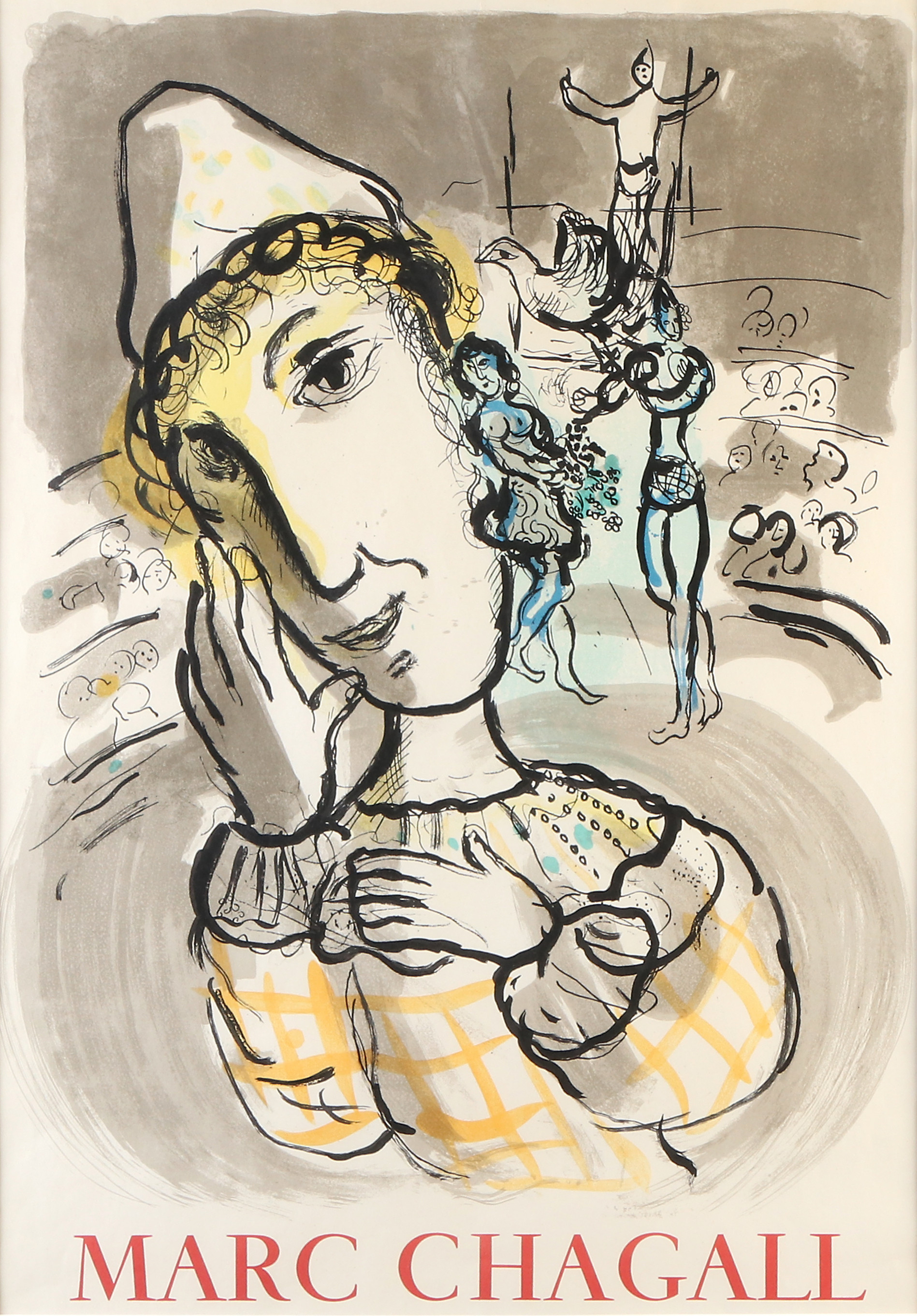 MARC CHAGALL. Litograferad utställningsaffisch. Cirkusmotiv med gul clown.