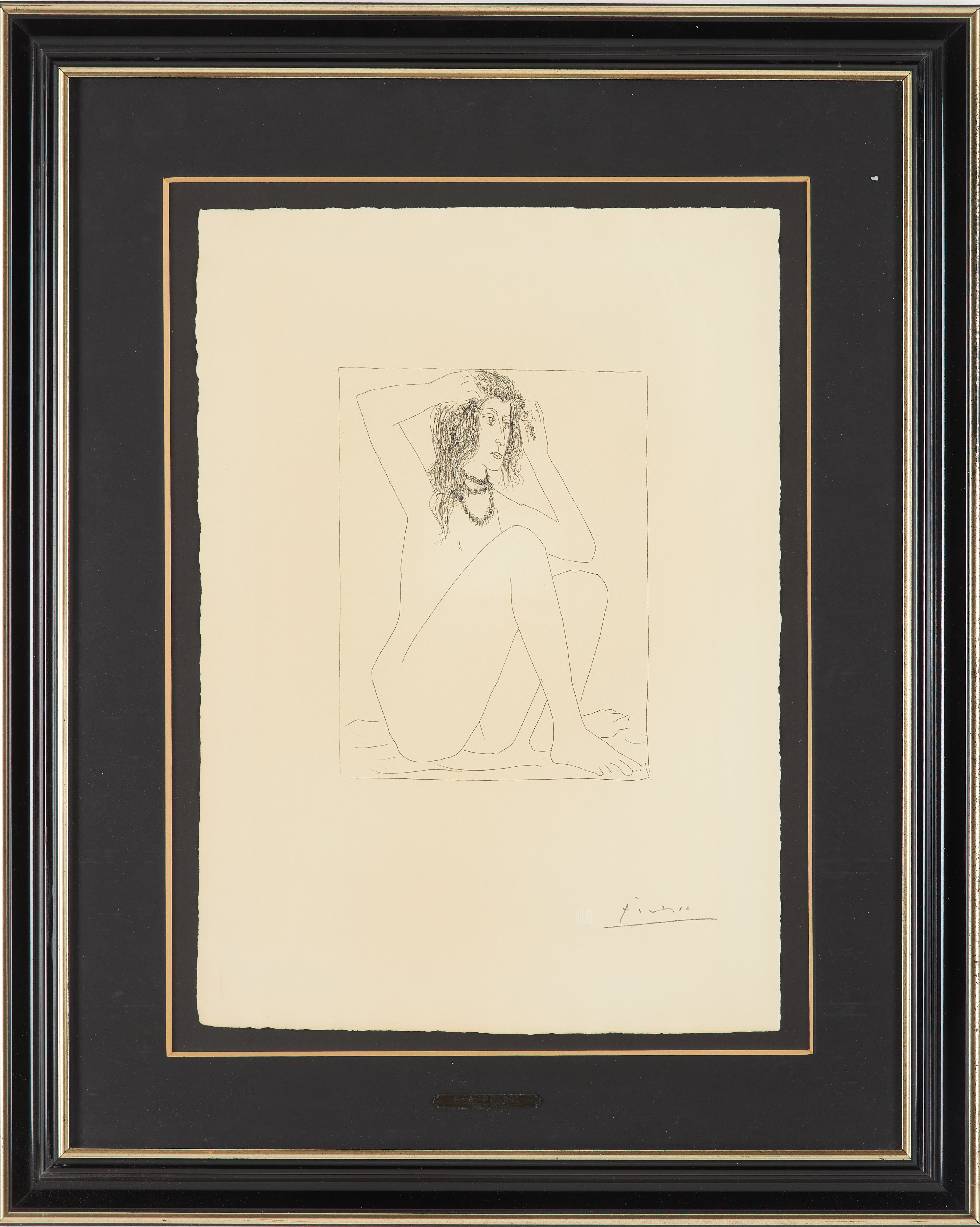 PABLO PICASSO. EFTER. Femme Nue Se Couronnanr de Fleurs, ur "Suite Vollard", litografi, 1990-1992, signerad i trycket, blindstämpel.