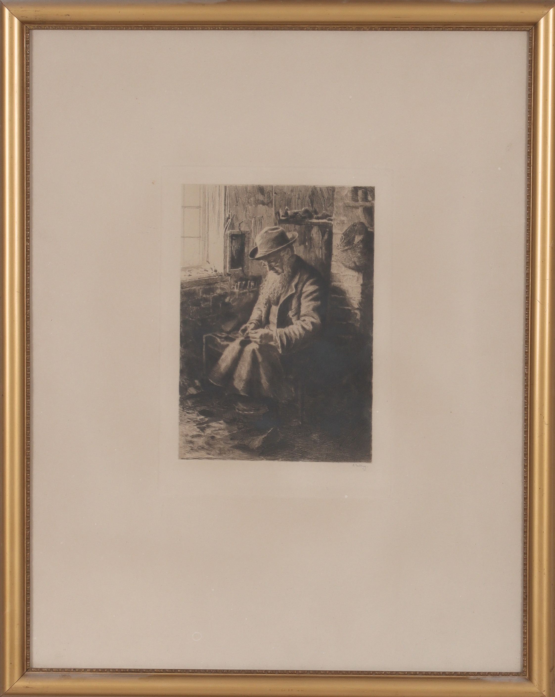 AXEL TALLBERG. "Skomakaren", etsning, signerad.