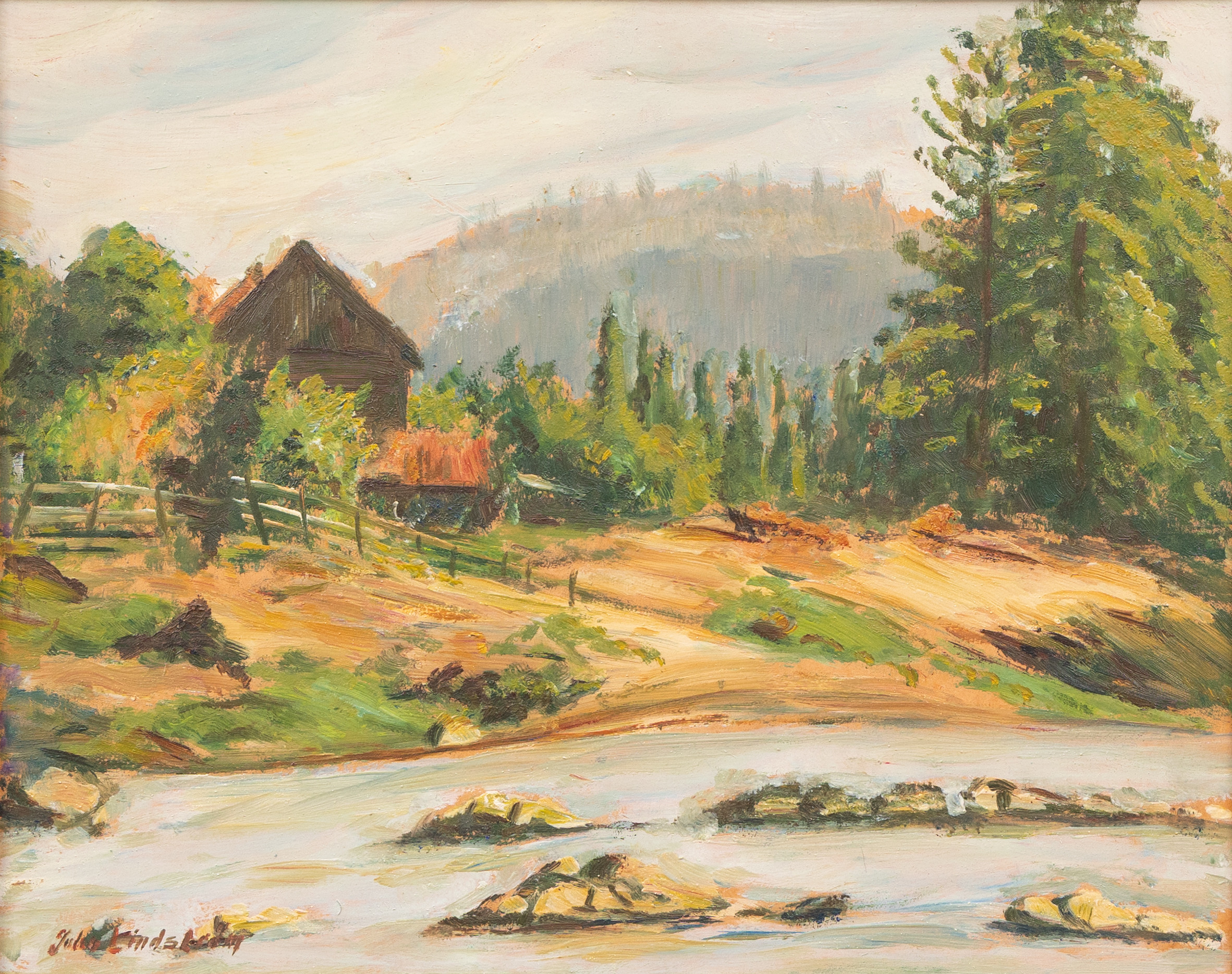 JULIUS LINDBERG. Gård vid älv, olja på pannå, signerad.