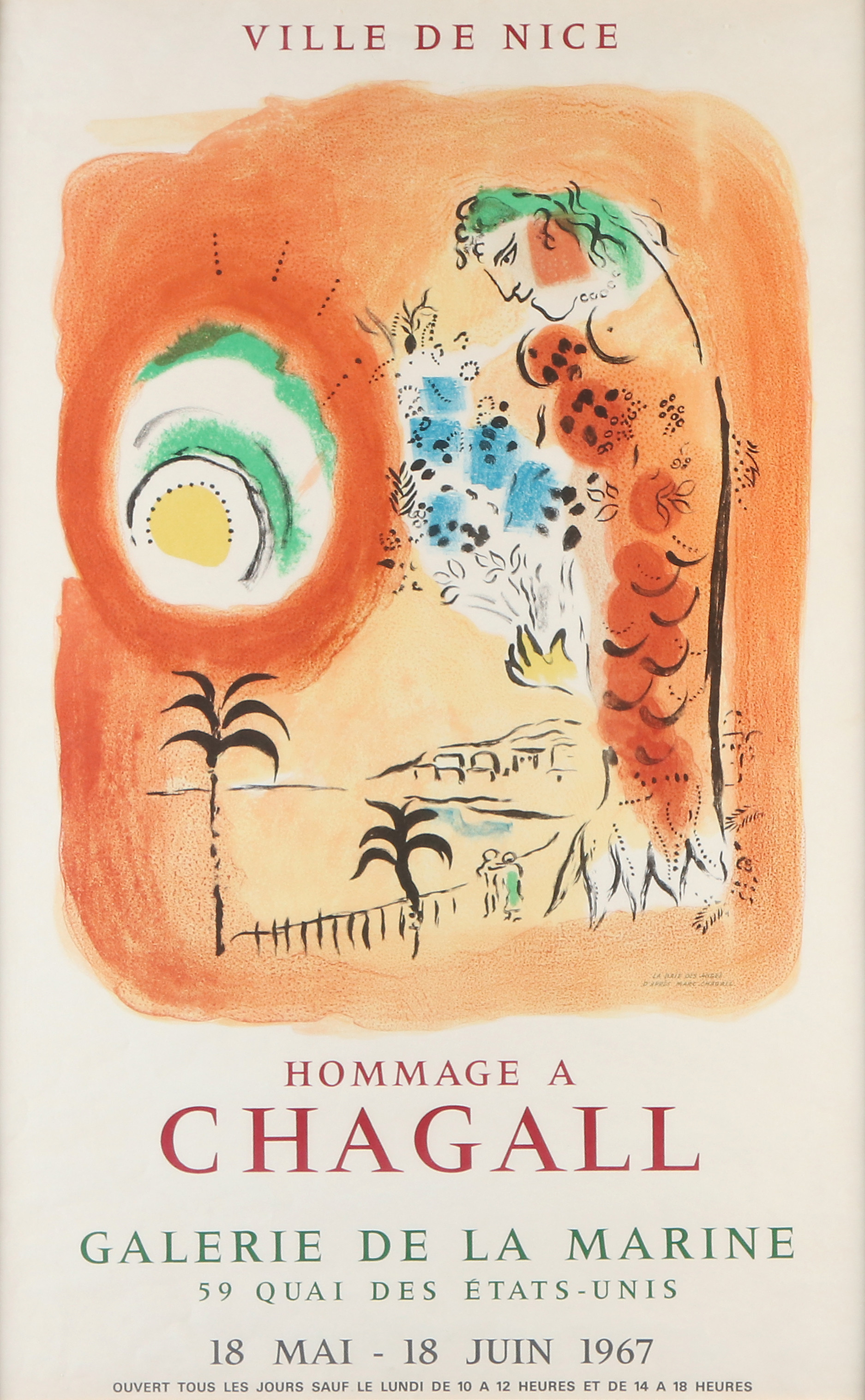 MARC CHAGALL. Utställningsaffisch. Hommage a Chagall, Galerie de la Marine, Nice 1967.
