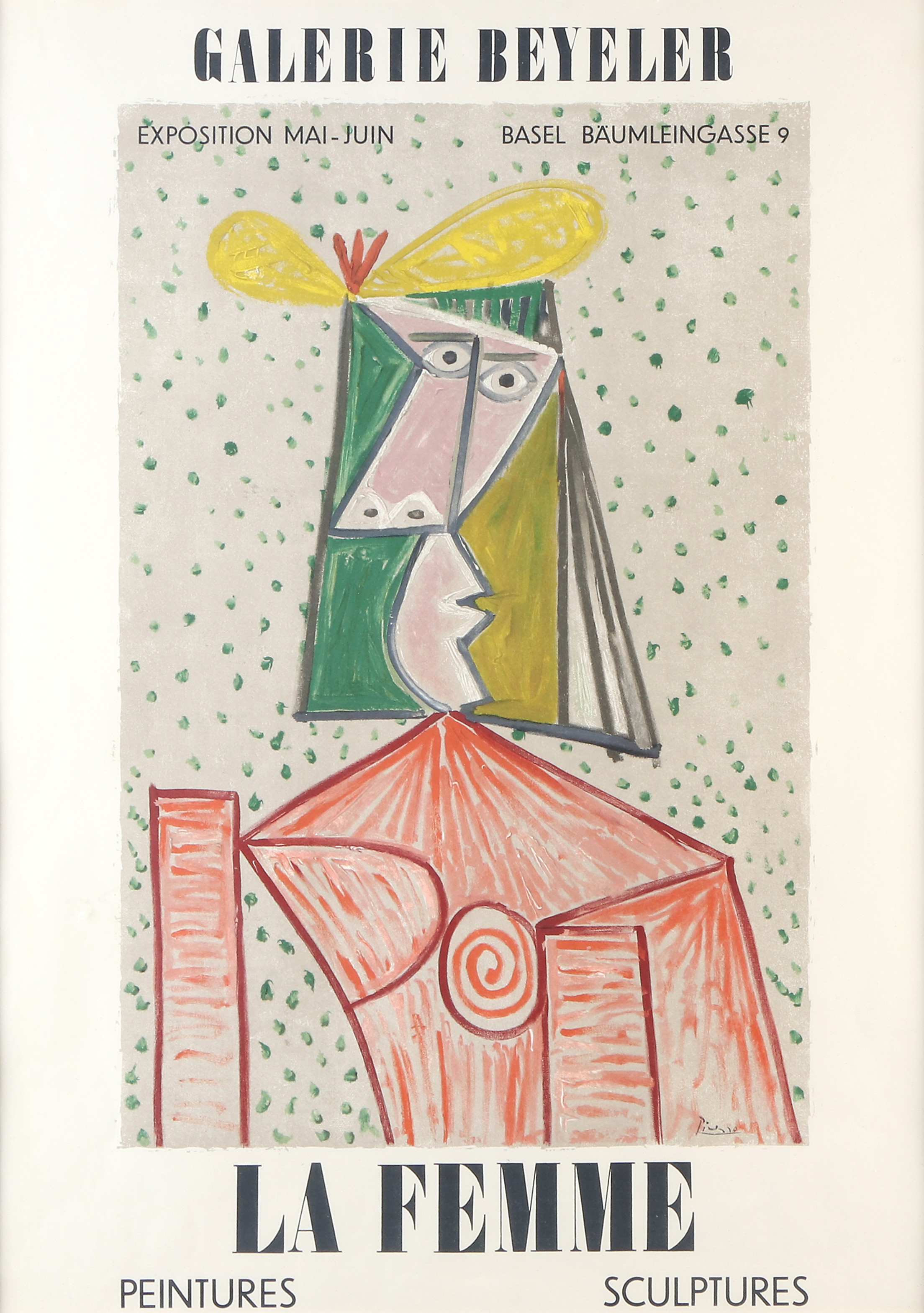 PABLO PICASSO. Litograferad utställningsaffisch. Galerie Beyeler, "La Femme". Signerad i trycket.