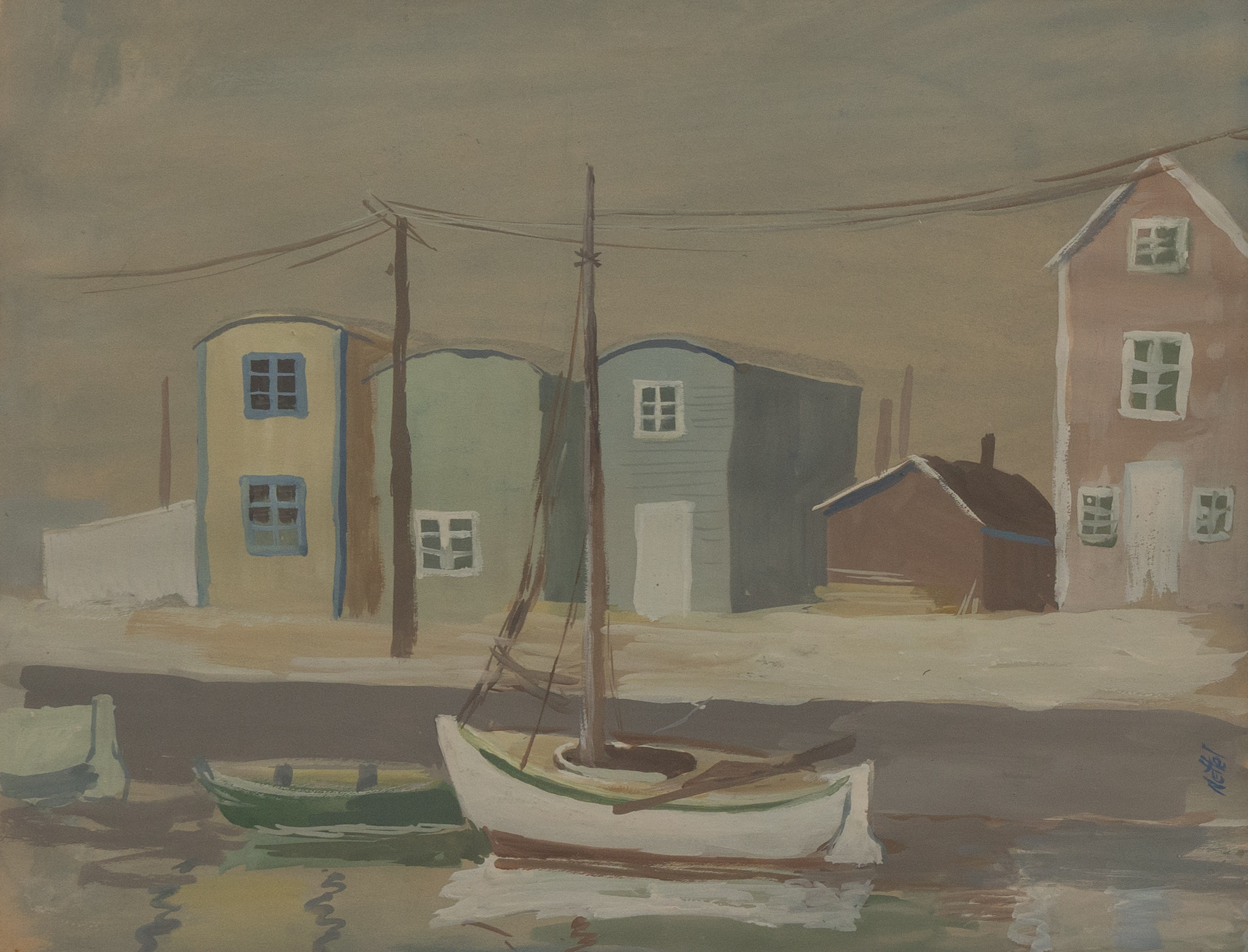 EINAR NETTELBLADT (1904-1965). Hamnmotiv Limhamn, blandteknik, signerad.