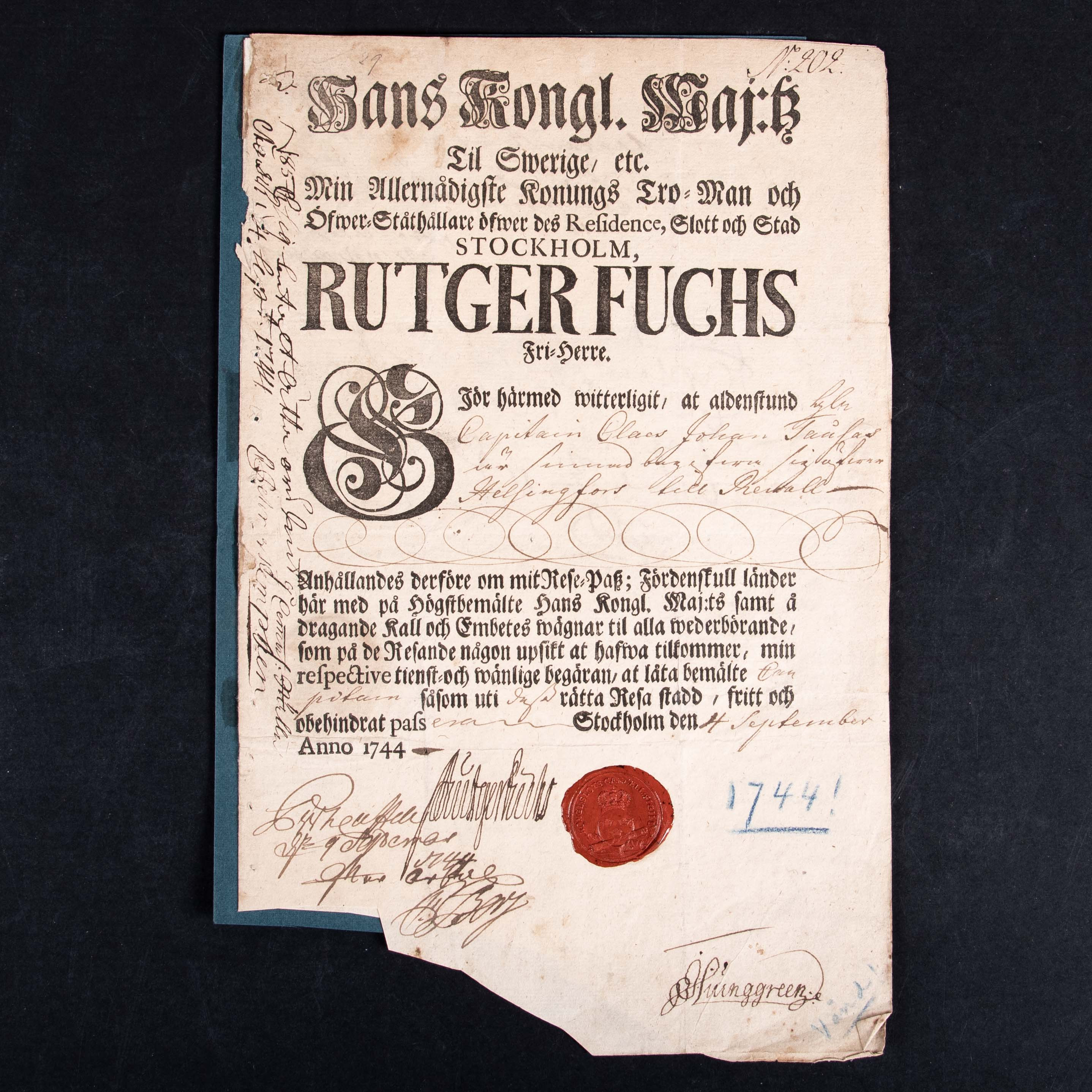 KARL XII:s krigare - Rutger Fuchs 1682-1753, "Rese-pass".