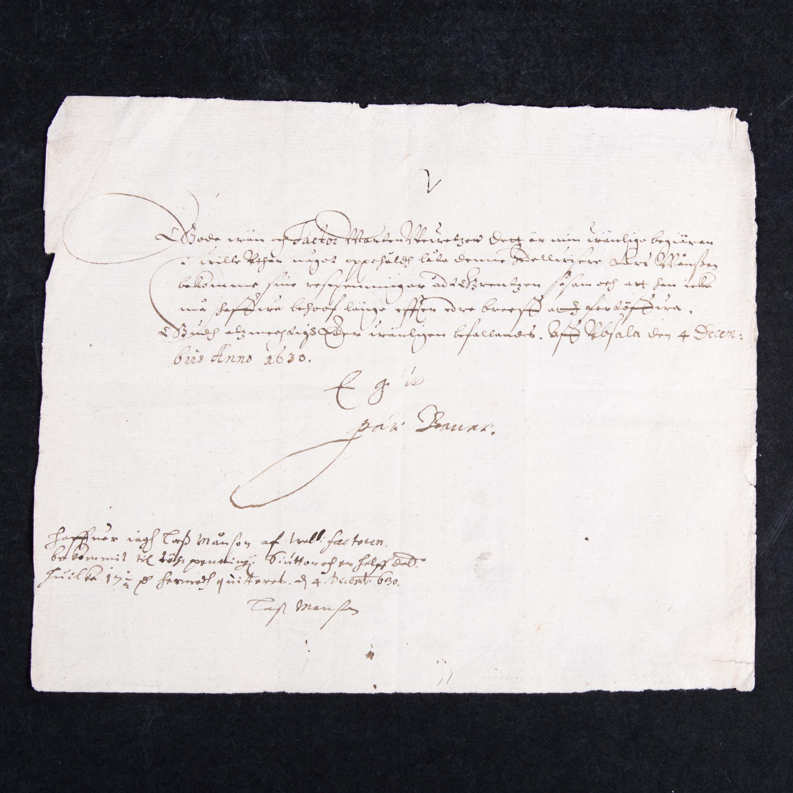 Per Banér (1588-1644), egenhändigt undertecknad skrivelse 1630.