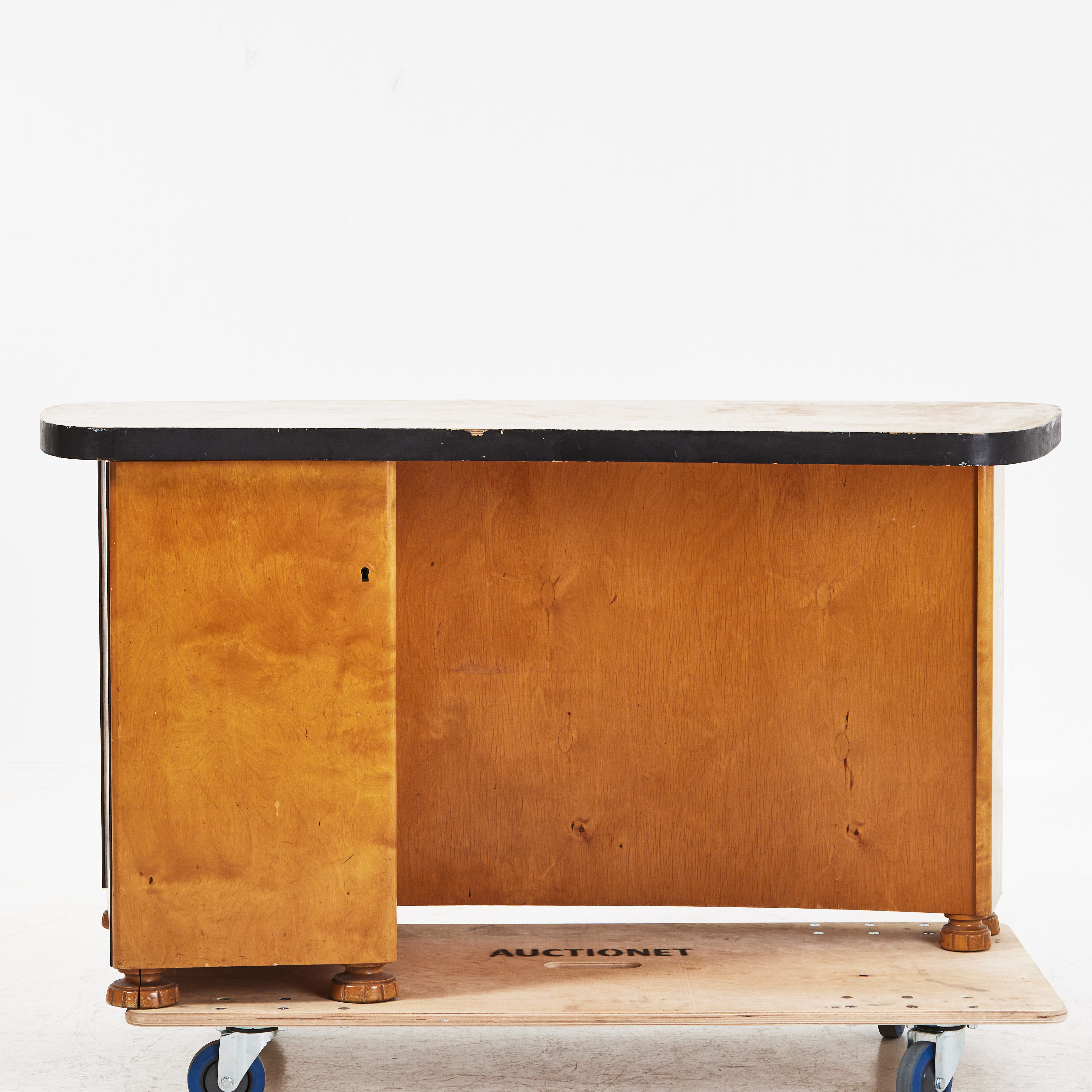 SKRIVBORD, 1930/40-tal, oval form, inbyggd bokhylla och skåp.