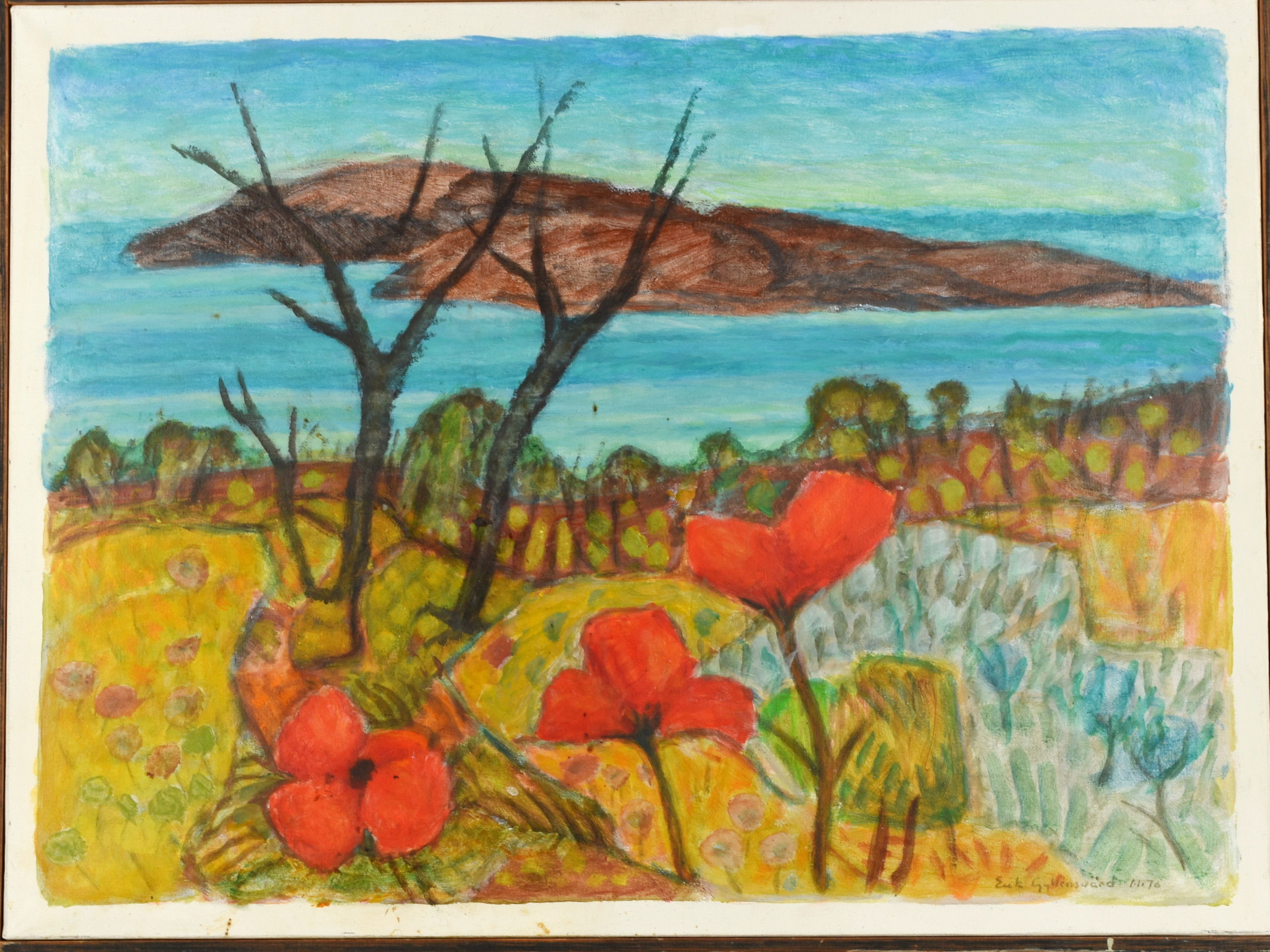 ERICK GYLLENSVÄRD. Olja på duk, "Blommor vid stranden", År 1976, Signerad.