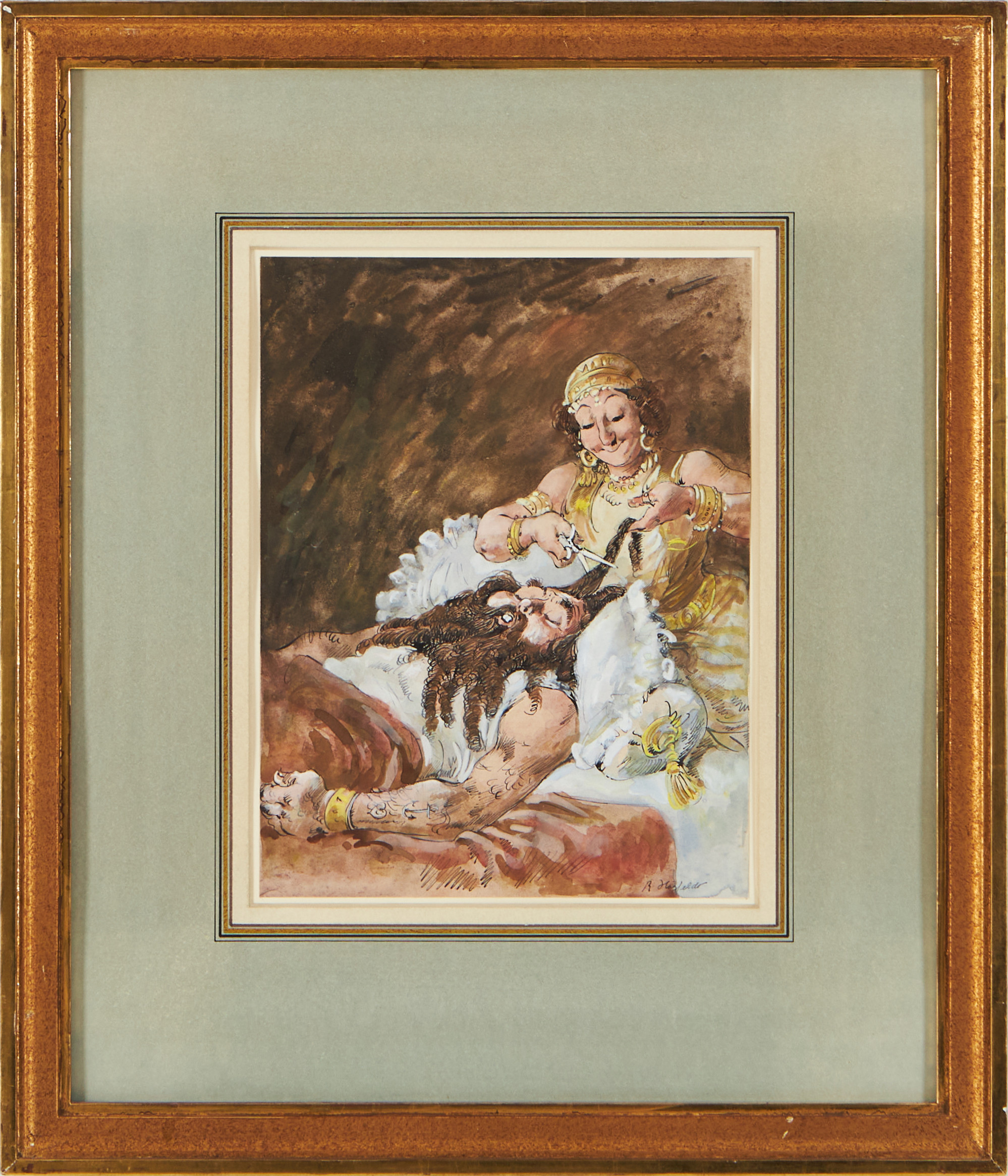 ROBERT HÖGFELDT. Samson och Delila, akvarell med täckvitt, tusch, på papper, signerad R Högfeldt.