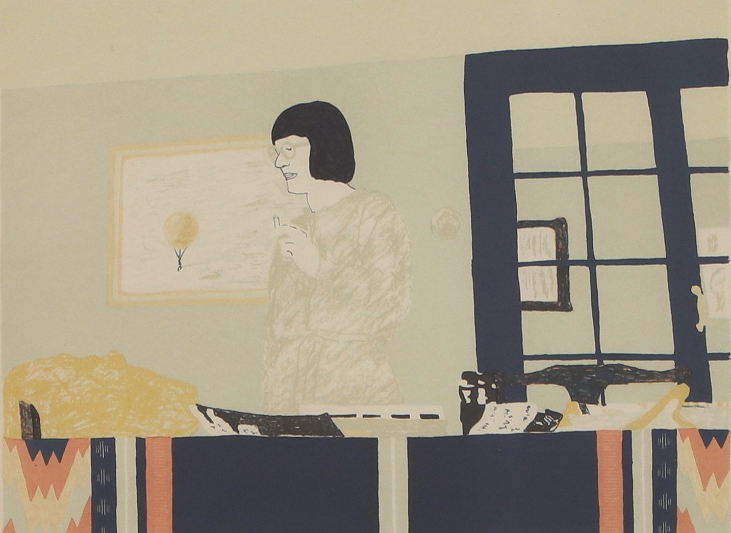 ROLF PETTERSSON. Färglitografi, rökande kvinna, numrerad 213/400, signerad, daterad 1976.