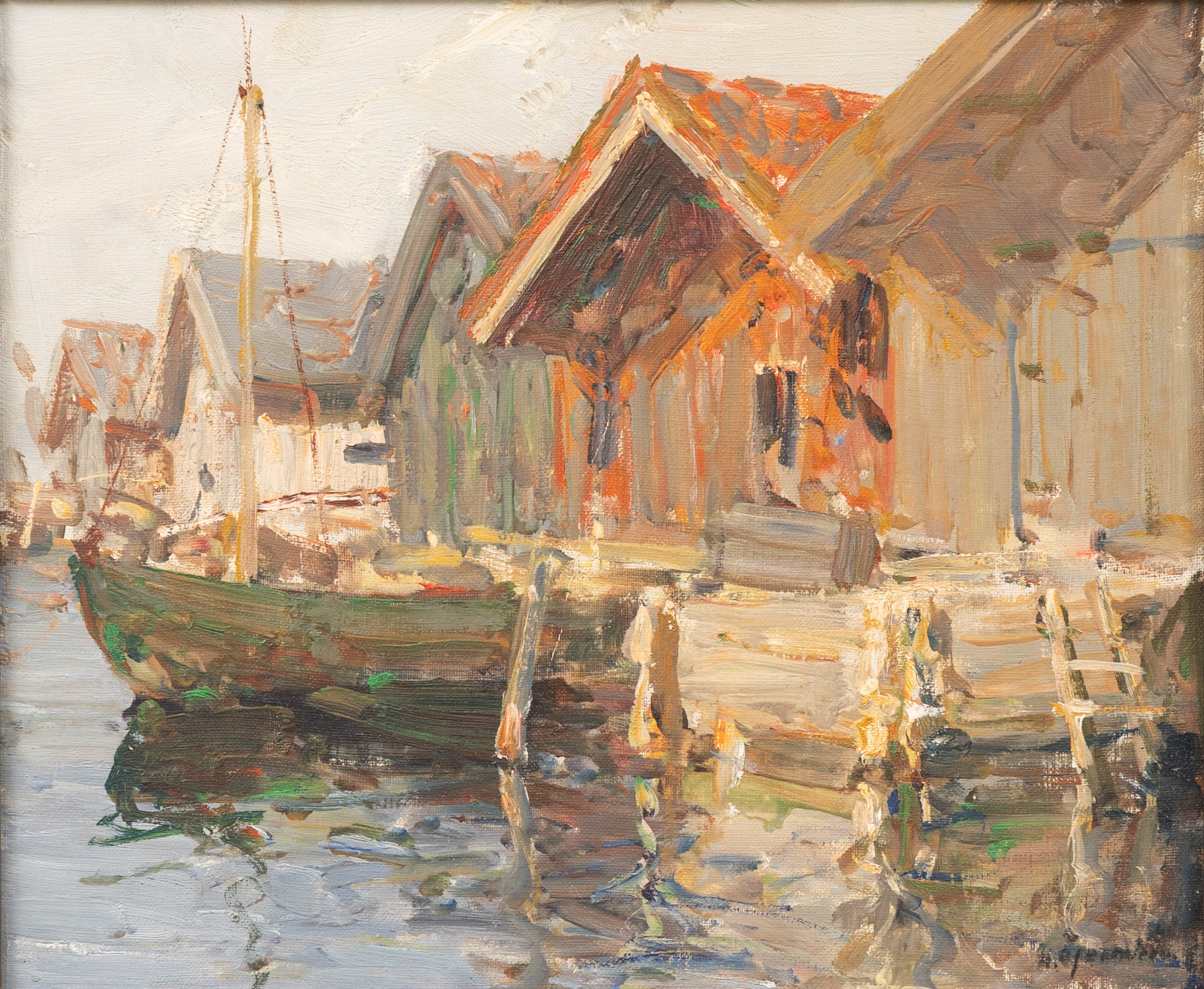 HUGO ÖFVERSTRÖM (1900–1973). Fiskebåtar vid fiskebodar, Västkusten, olja på duk, signerad.