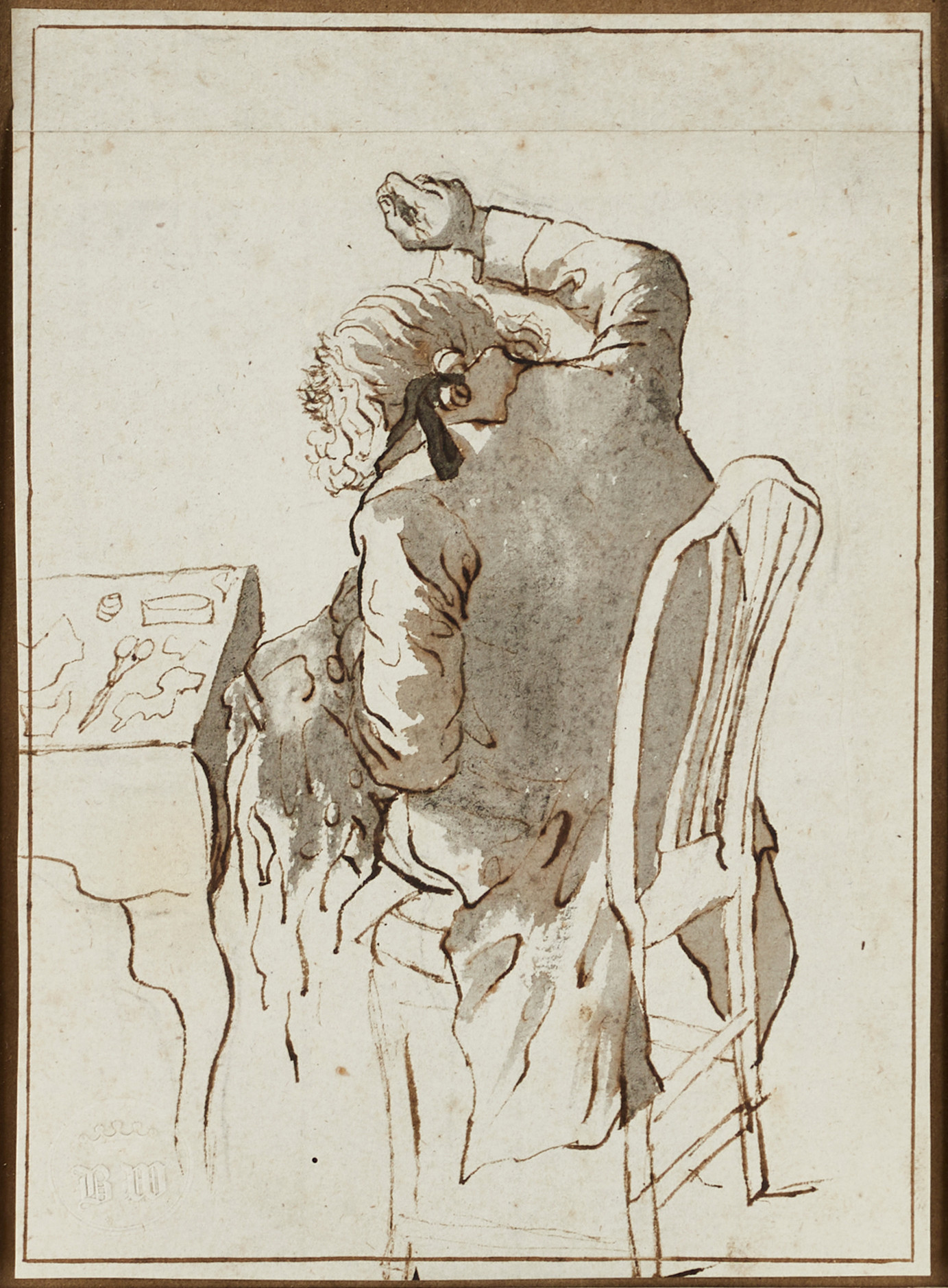 GERARD LUDWIG LAHDE (Bremen 1765-1833 Copenhagen) A tailor working at his desk, Ink and wash on paper on a nineteenth Century mount inscribed ”G. L Ladhe del.".