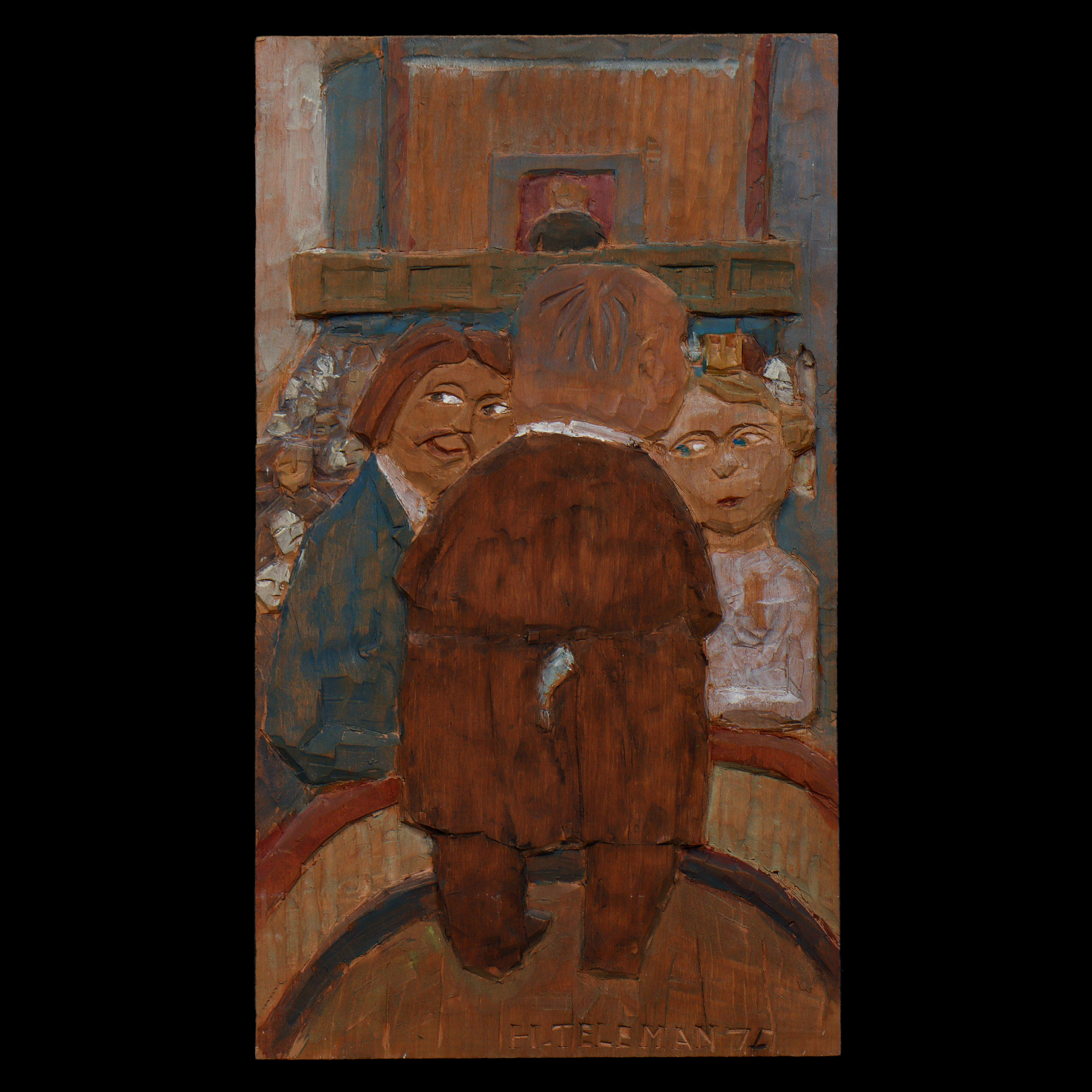 HELMER TELEMAN (1903-1991) "BRÖLLOP" TRÄTAVLA, SIGNERAD, DATERAD.