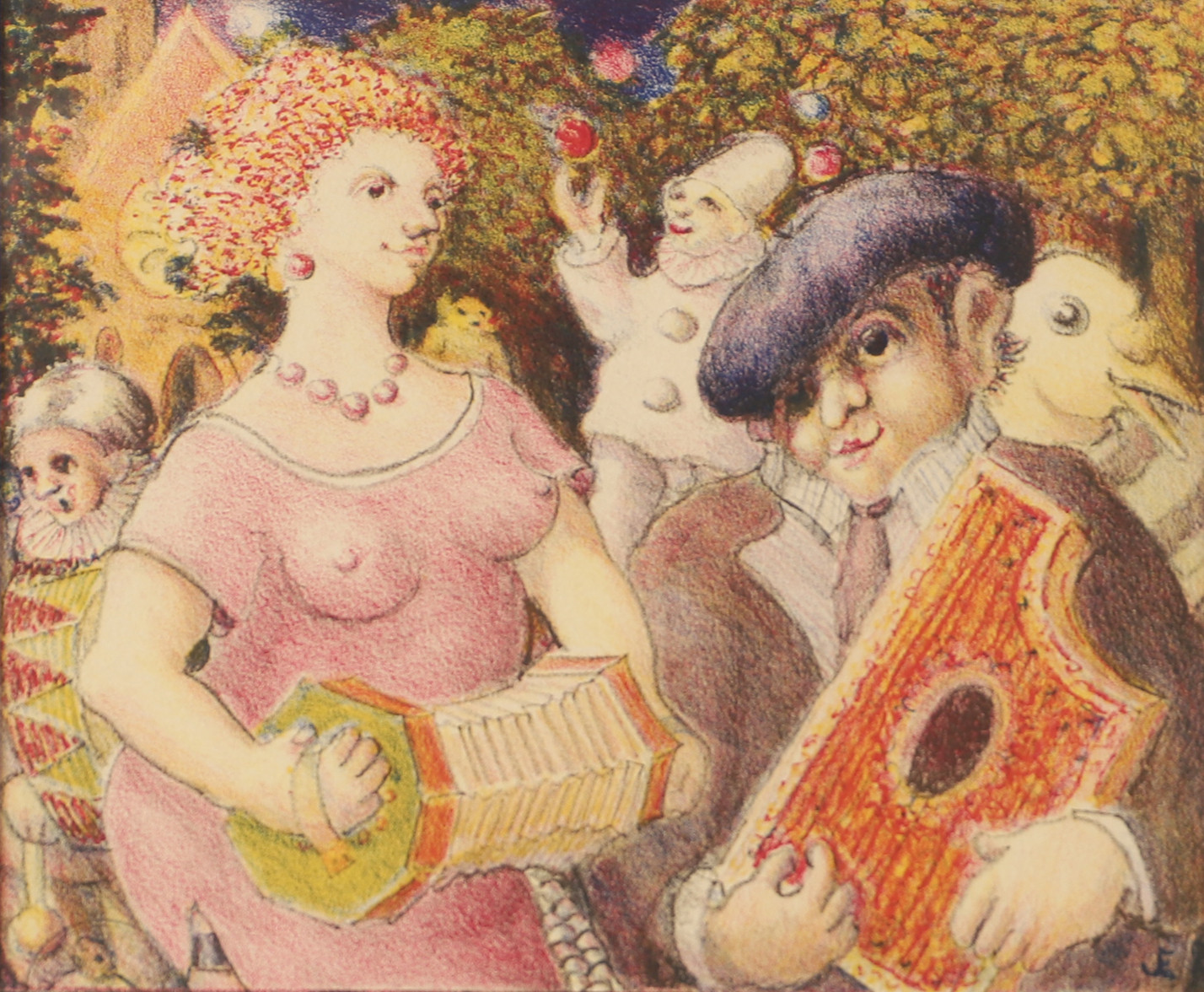 JEPPE EISNER. Spelande figurer, färglitografi, signerad.