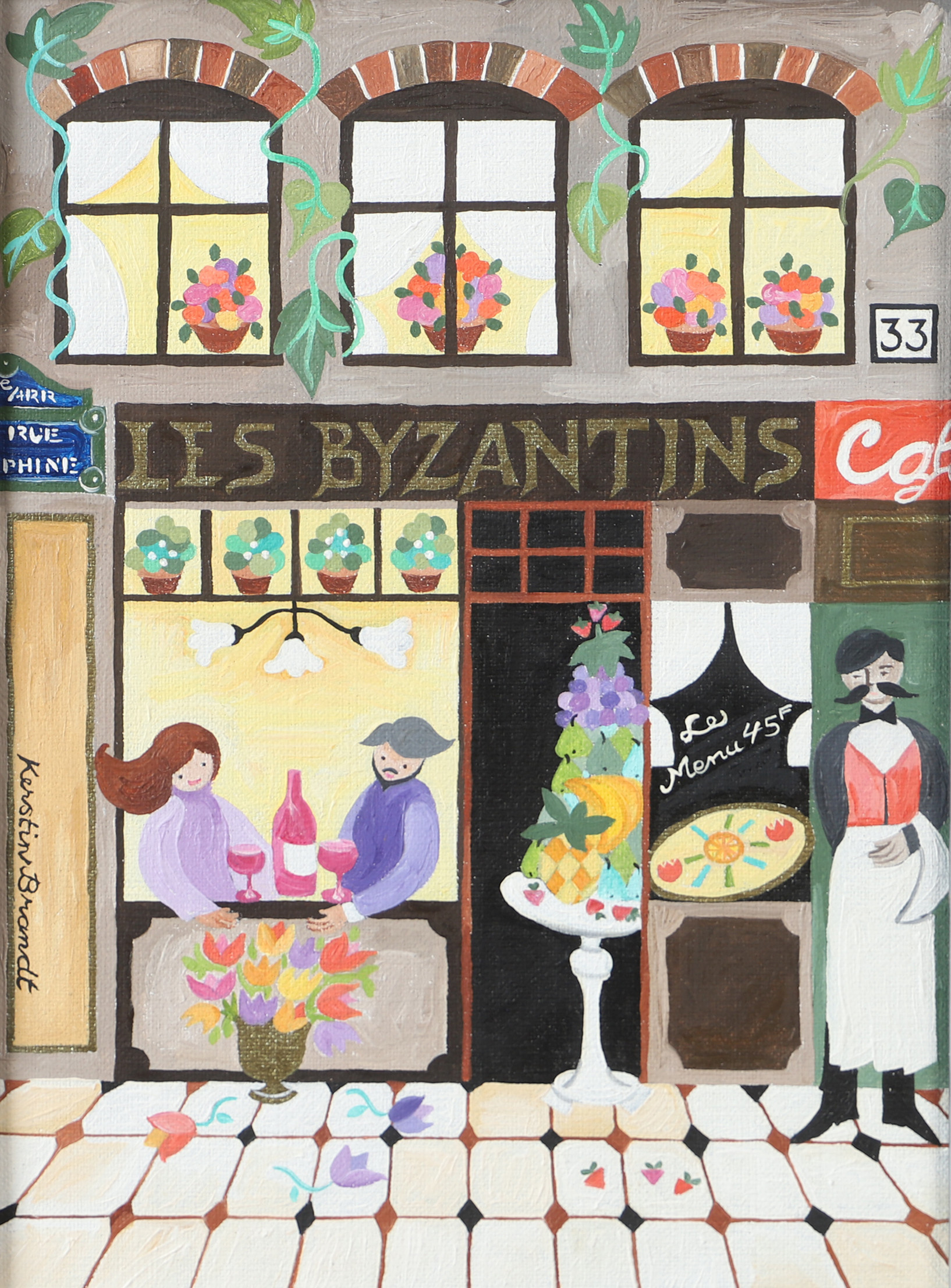 KERSTIN BRANDT. "Restaurant Les Byzantins", olja på duk, signerad.