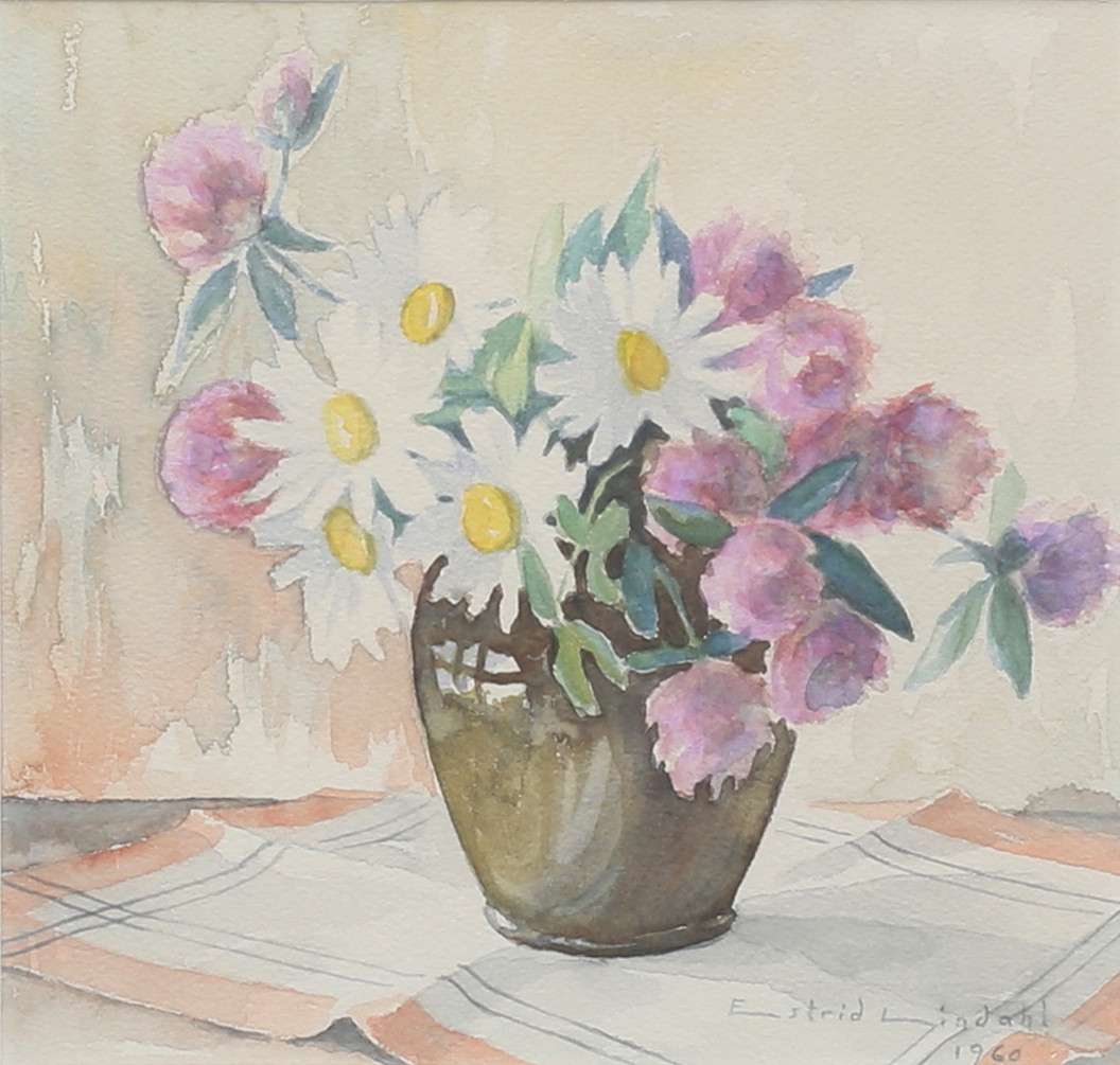 ESTRID LINDAHL. Blomstilleben, akvarell, signerad, daterad 1960.