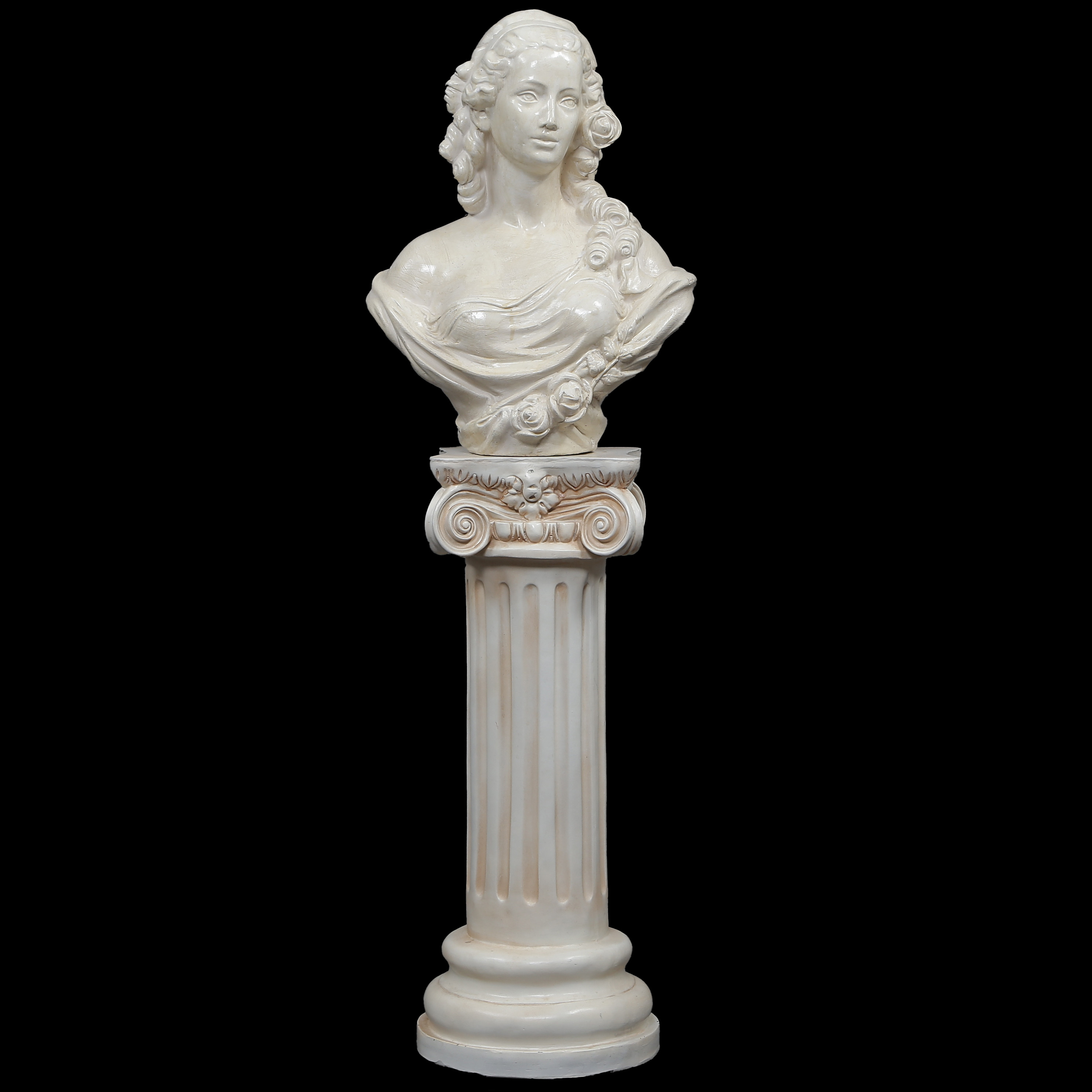 SKULPTUR, KVINNOBYST, KONSTMASSA, PIEDESTAL I BEMÅLAD METALL (129cm) 1900-TAL.