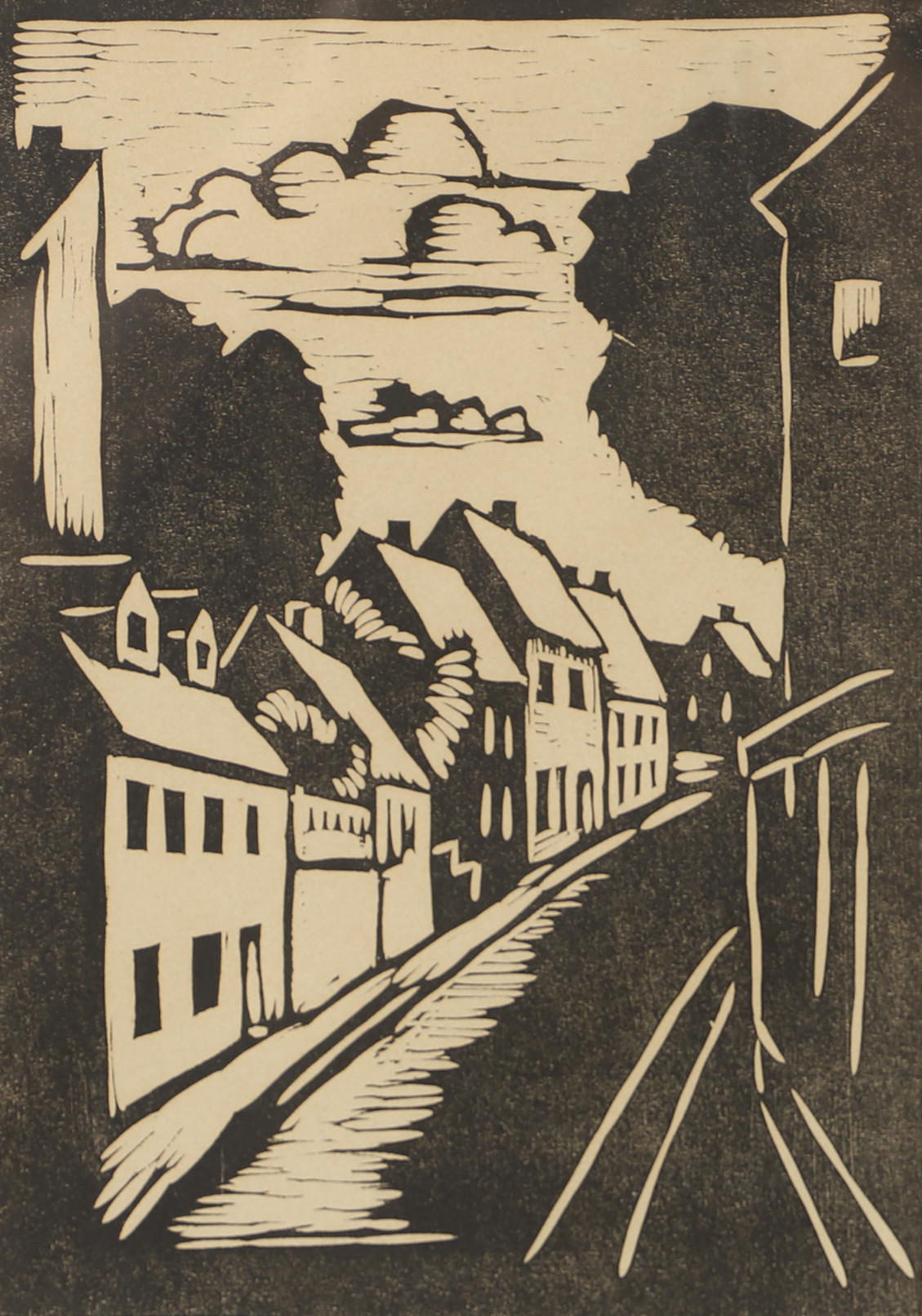 ERIC CEDERBERG. Långsvinkelsgatan Helsingborg, träsnitt, signerad E. Cederberg -43.