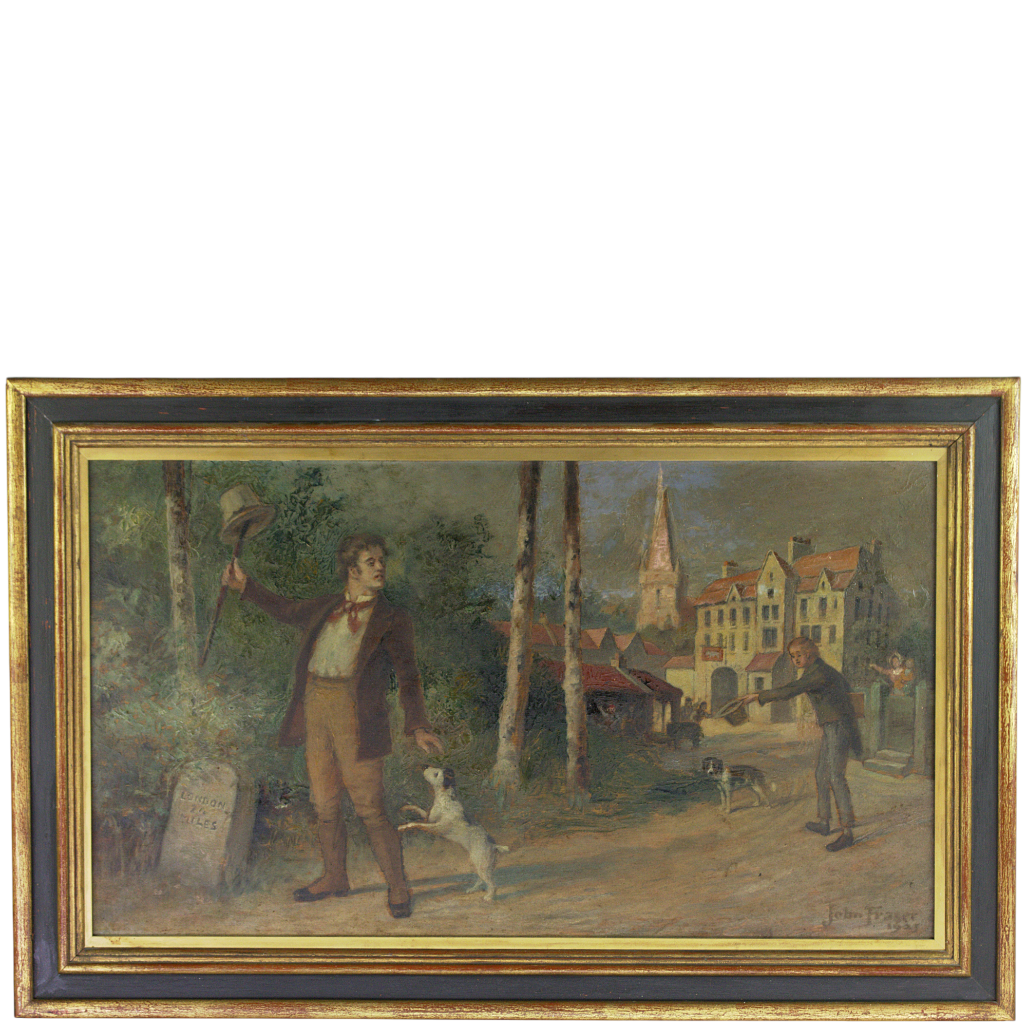 JOHN FRASER. Olja på pannå, man med hund, signerad, 1925.