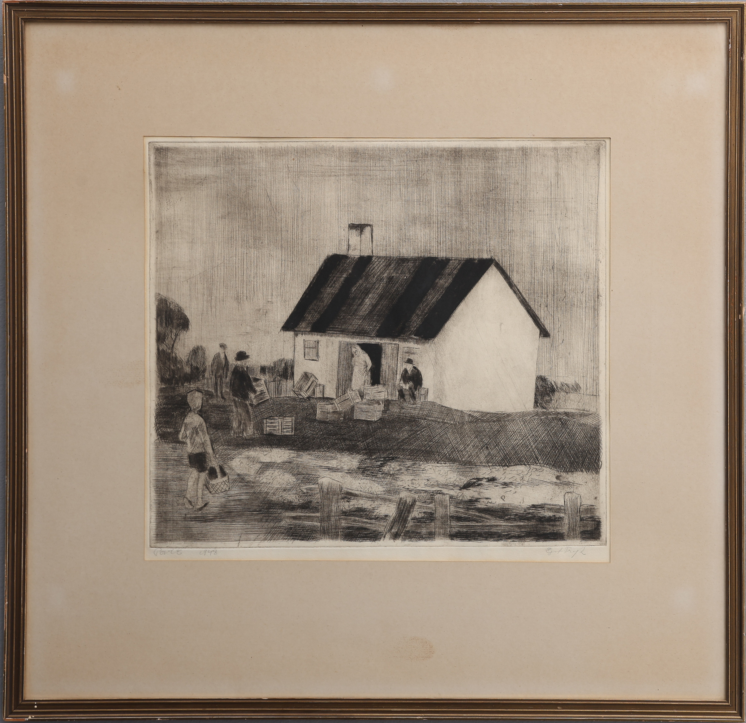 POVL CHRISTENSEN 1909-1977. TORRNÅLSGRAVYR, HUSMILJÖ, SIGNERAD, DATERAD 1948 OCH MARKERAD "EGET TRYK".