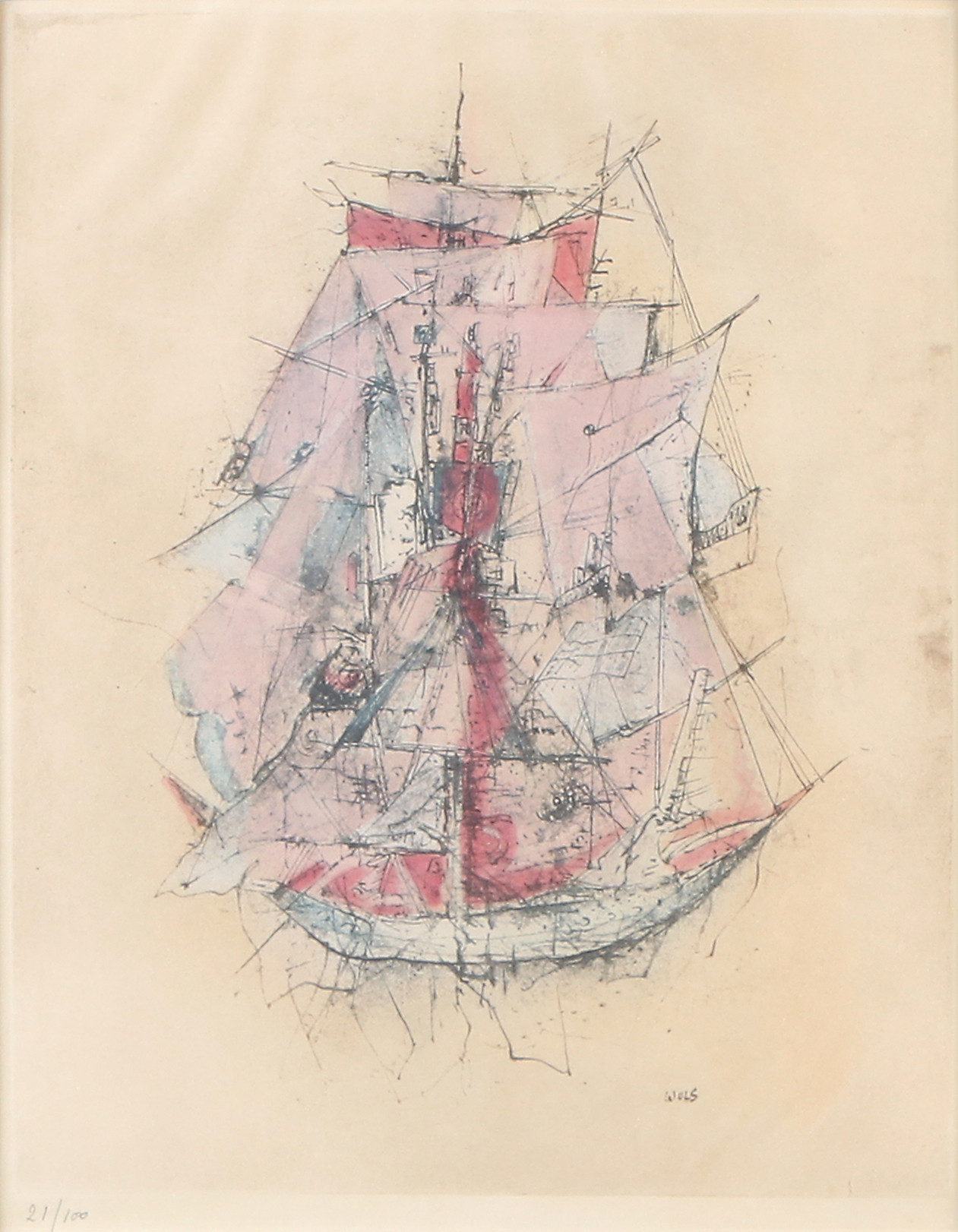 WOLFGANG WOLS. Etsning, 21/100. Segelfartyg. Signerad.