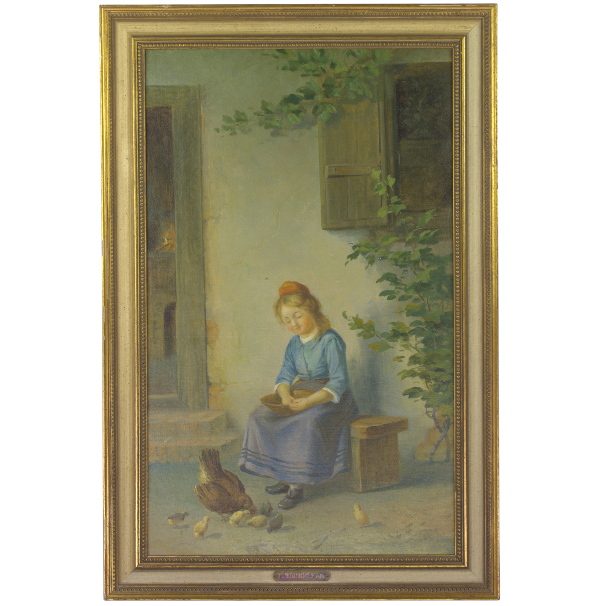 IDA TÖRNSTRÖM. Olja på duk, flicka som matar höns och kycklingar, 1900-tal.