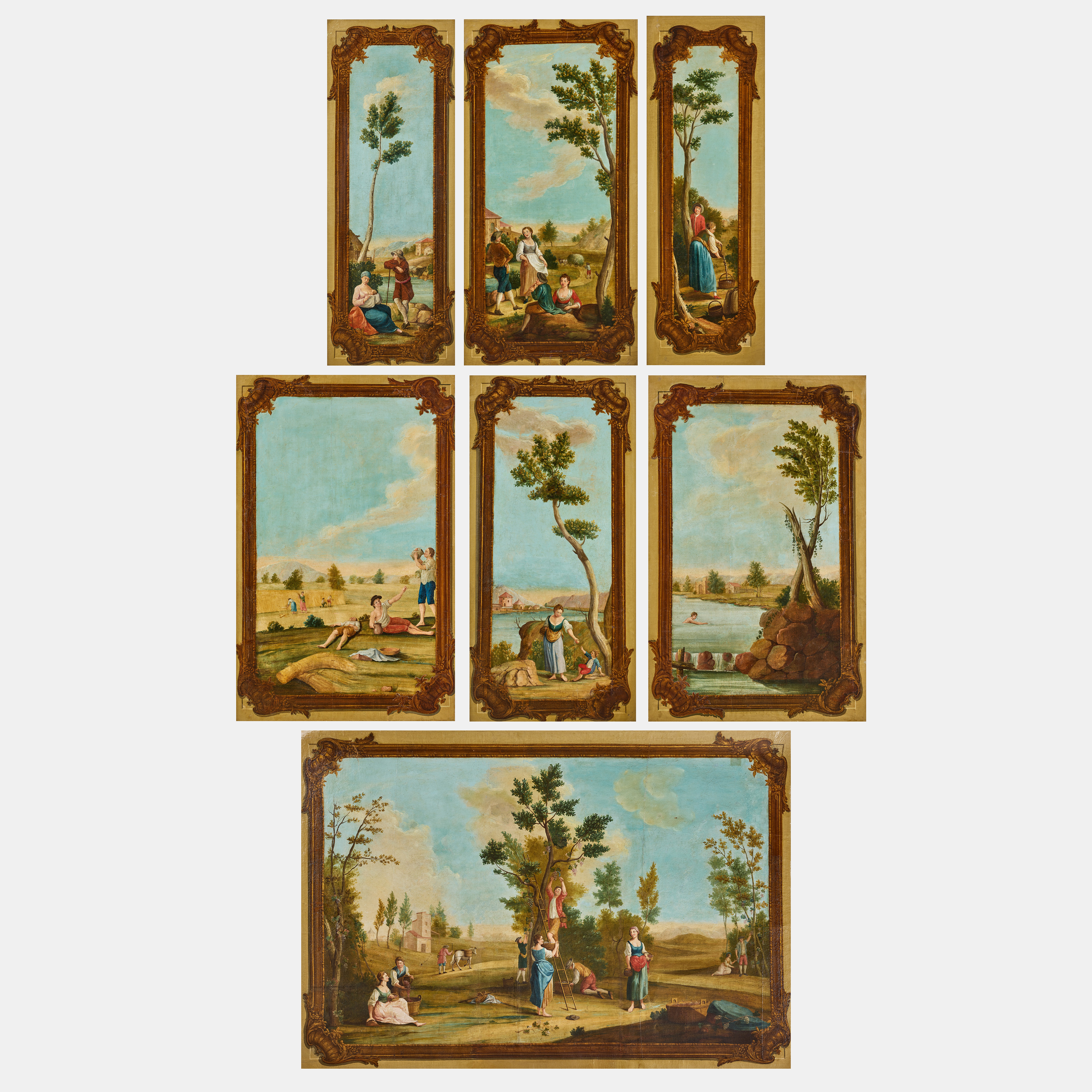 AFTER GIUSEPPE ZOCCHI. A set of seven decorative wall panels depicting The Months of the Year in painted frames, second half of the 18th century.