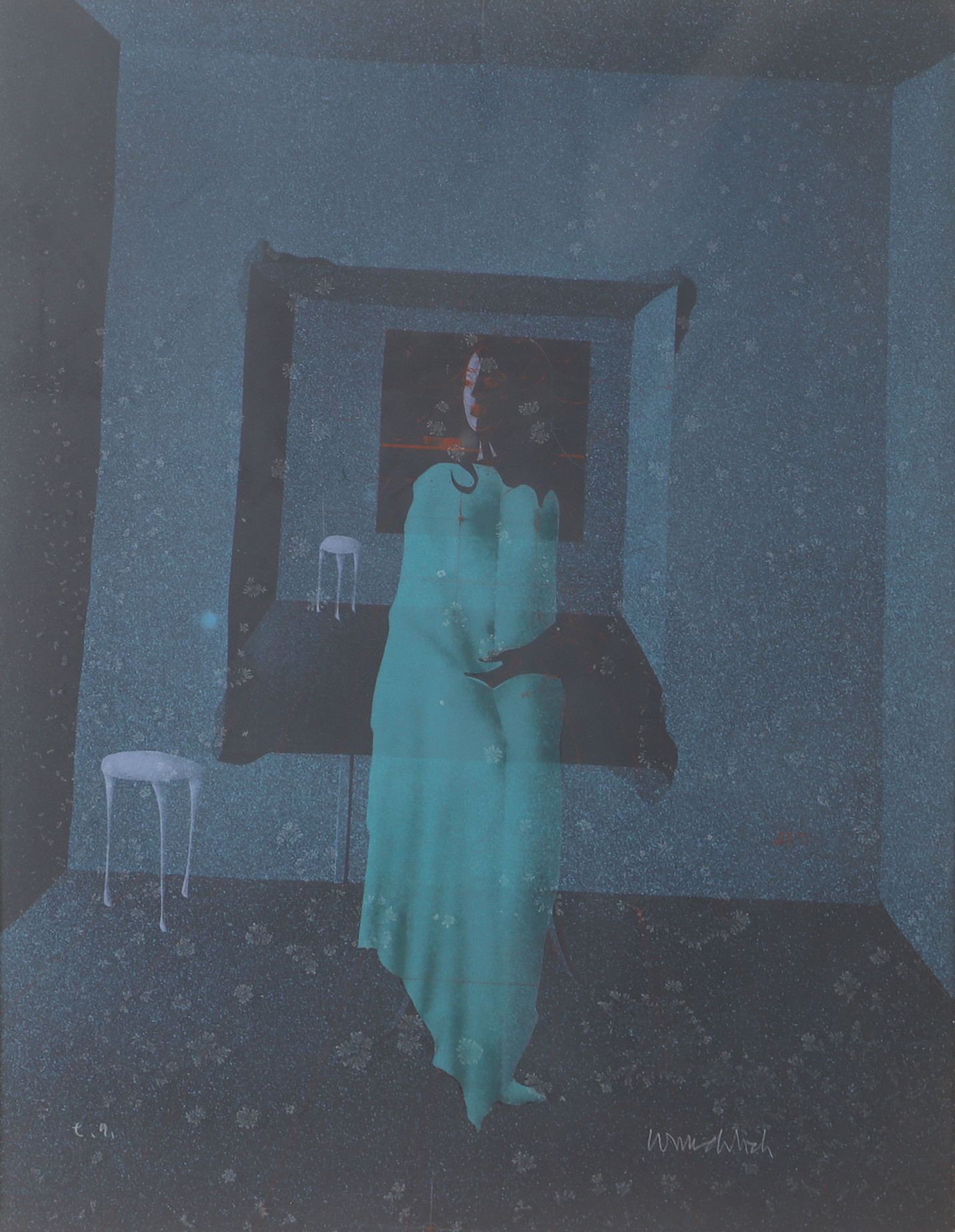 PAUL  WUNDERLICH. Kvinna i rummet, färglitografi, signerad.