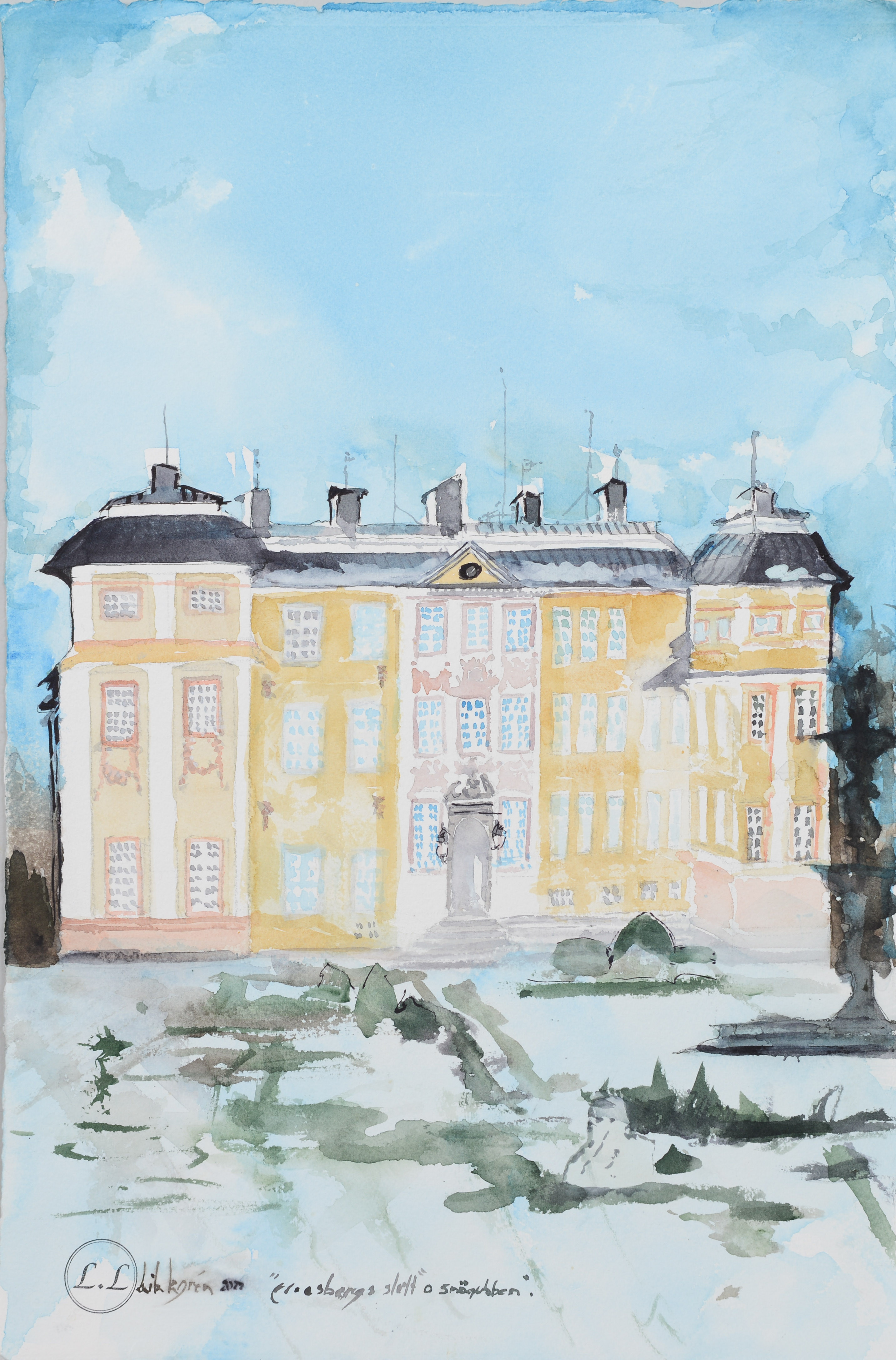 LEILA LAGRÉN. "Eriksbergs Slott och snögubben", akvarell på papper, signerad samt daterad 2022.