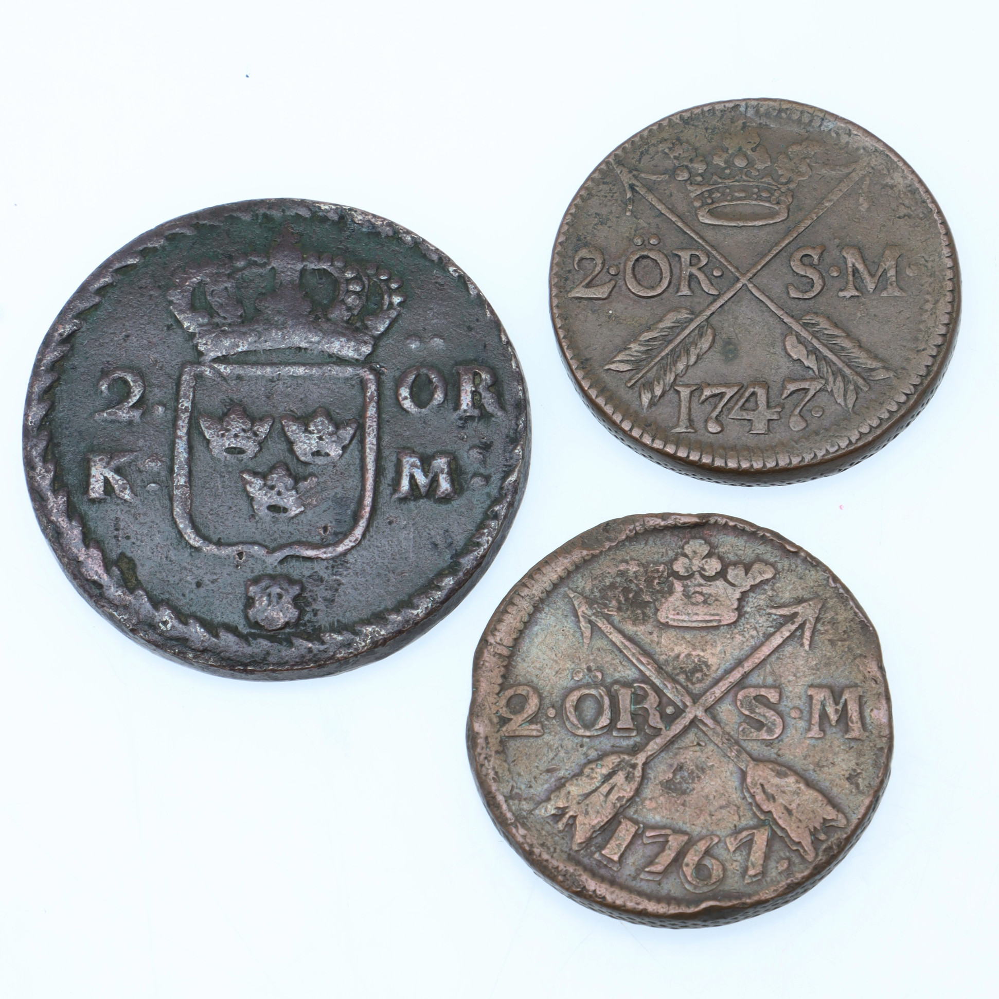 MYNT, 3 st, koppar, 2 ören 1600/1700-tal.