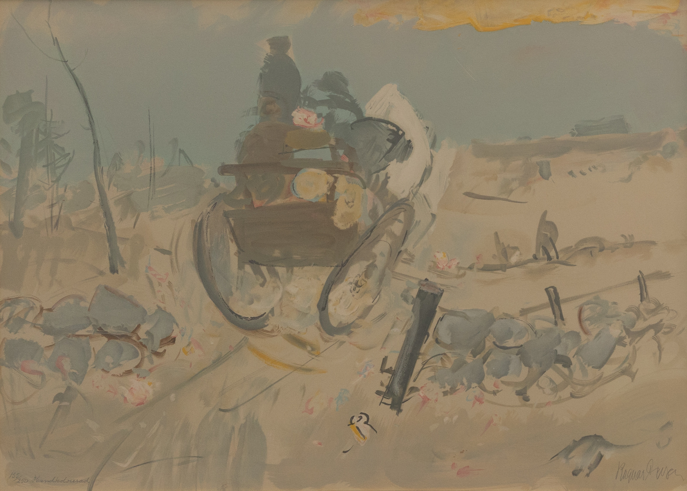 RAGNAR PERSON. Motiv med häst och vagn, habdkolorerad litografi nr 155/250, signerad.